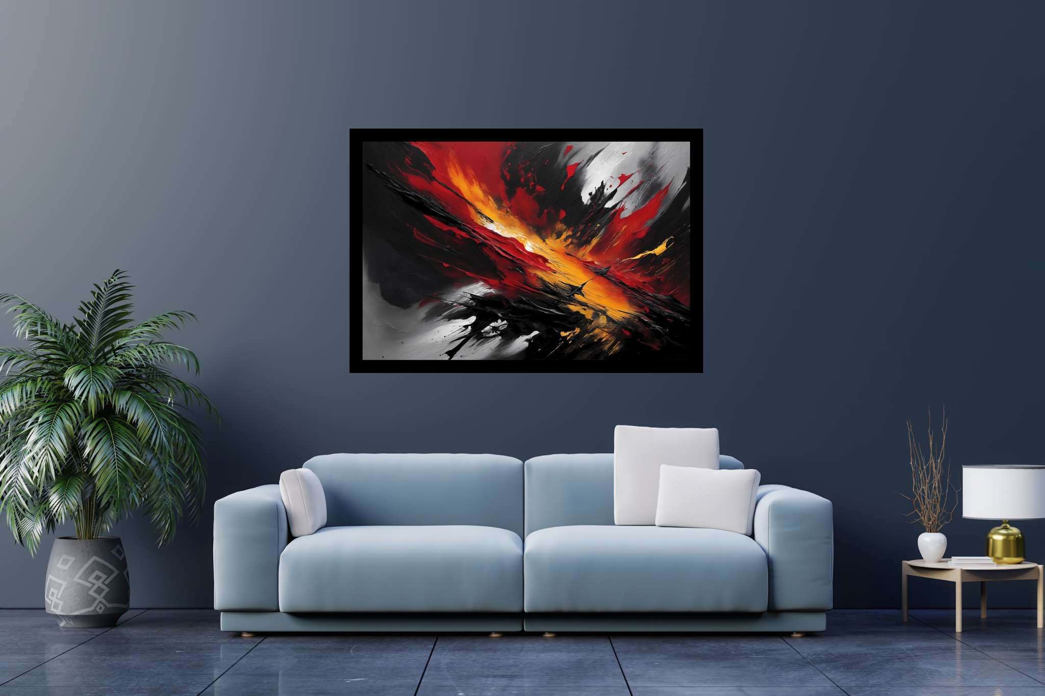 Crimson chaos unleashed: Explosion art with explosive visual impact, in a room with minimalist approach, gallery-quality artwork, and artisan decor. The art can be printed on poster, framed poster, canvas, metal, acrylic or wood, exclusively at WallArtZen. Find this exact print at https://wallartzen.com/waz228