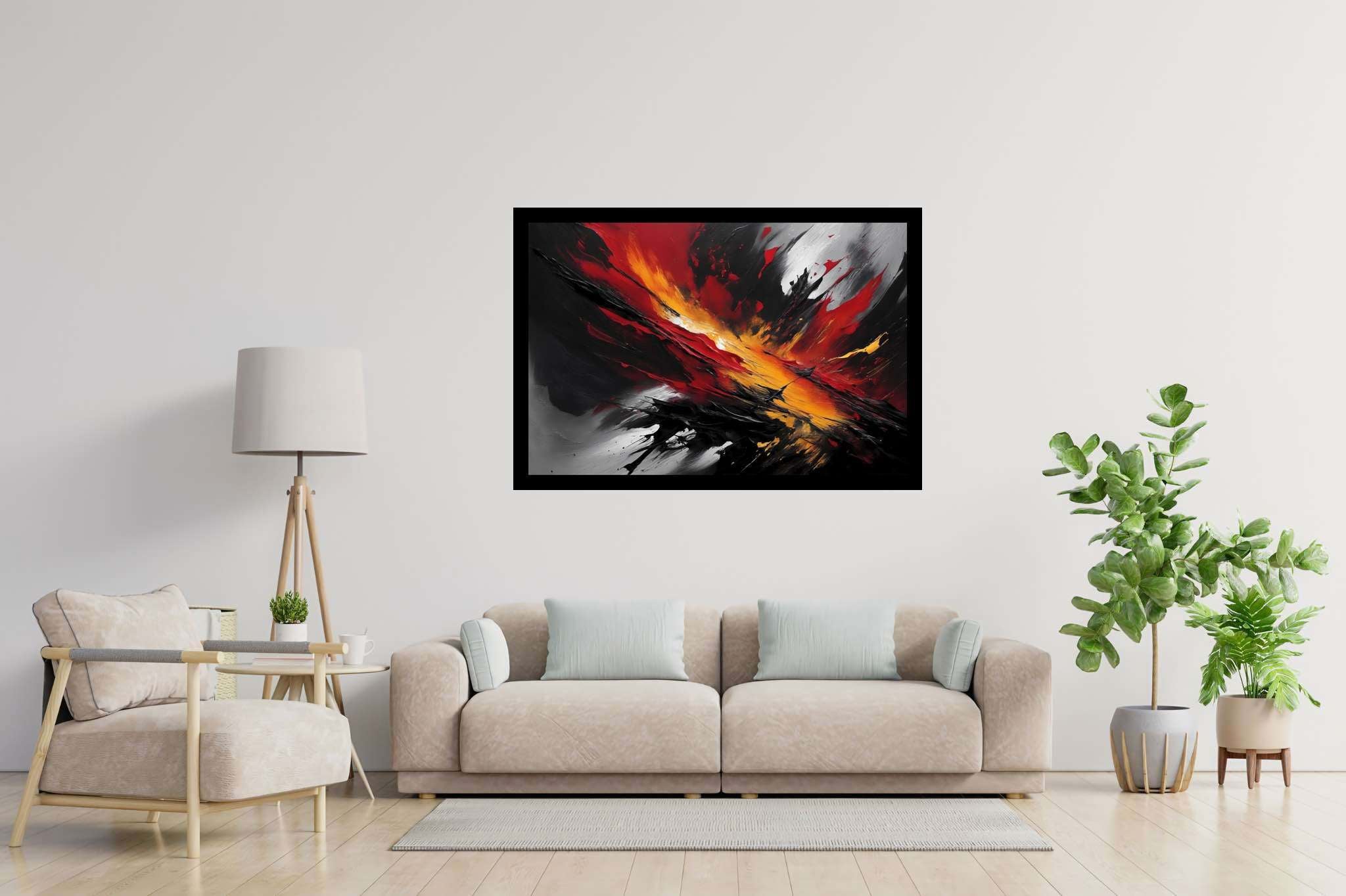 Crimson chaos unleashed: Explosion art with explosive brushstrokes, in a room with great design, framed art, and artisan decor. The art can be printed on poster, framed poster, canvas, metal, acrylic or wood, exclusively at WallArtZen. Find this exact print at https://wallartzen.com/waz228