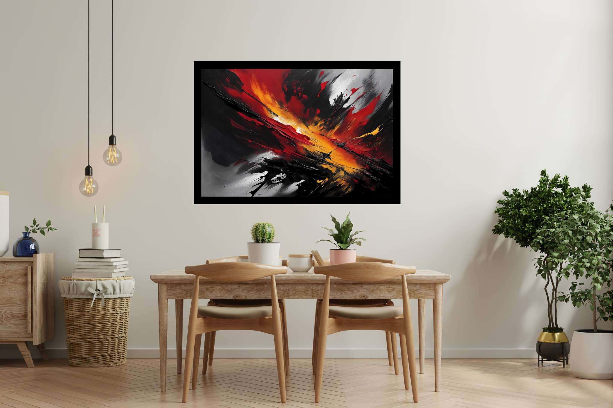 Crimson chaos unleashed: Explosion art with explosive visual impact, in a room with urban design, framed art, and home styling items. The art can be printed on poster, framed poster, canvas, metal, acrylic or wood, exclusively at WallArtZen. Find this exact print at https://wallartzen.com/waz228
