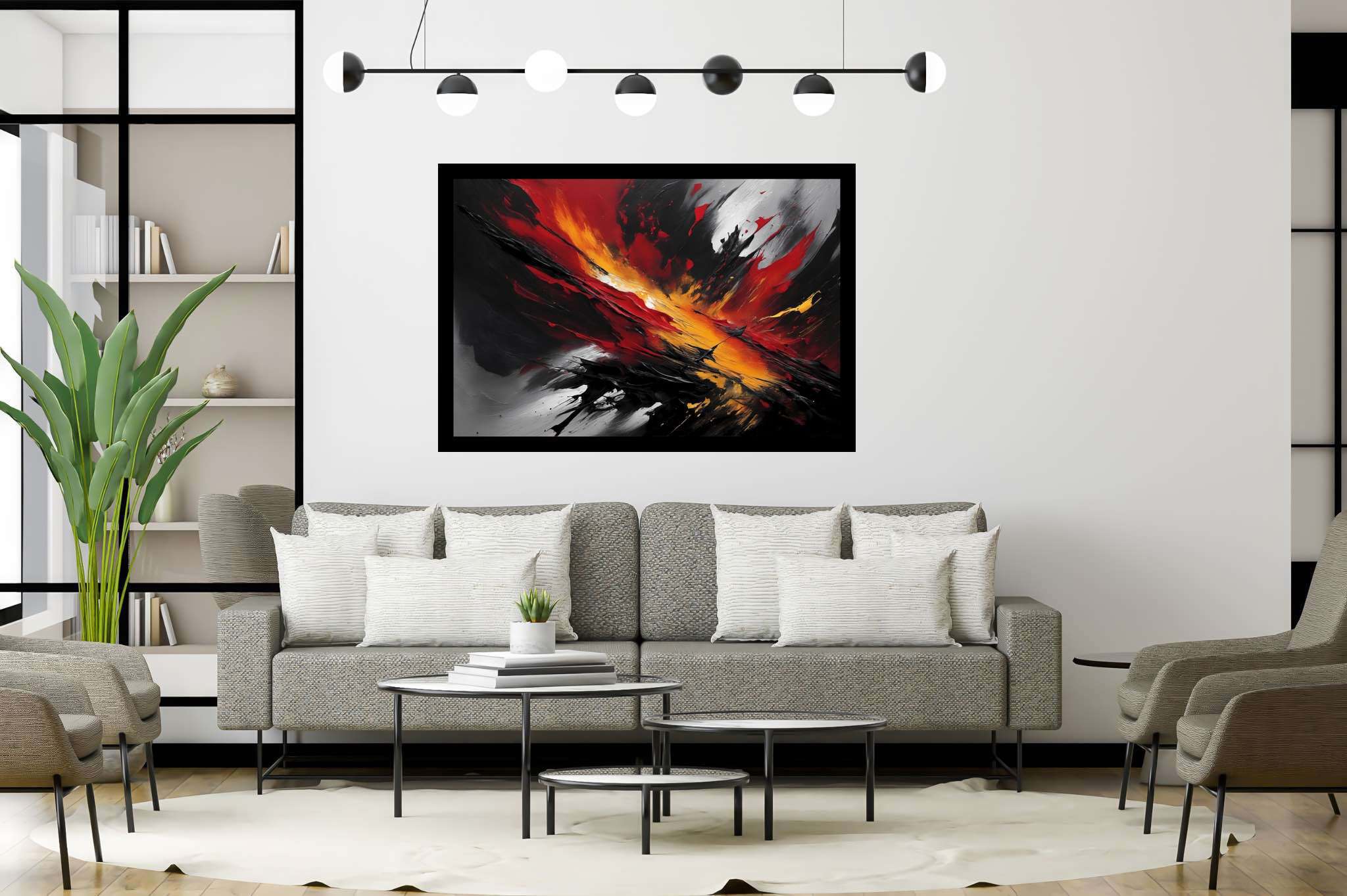 Crimson chaos unleashed: Explosion art with fiery artwork, in a room with innovative layout, photographic wall art, and artisan decor. The art can be printed on poster, framed poster, canvas, metal, acrylic or wood, exclusively at WallArtZen. Find this exact print at https://wallartzen.com/waz228
