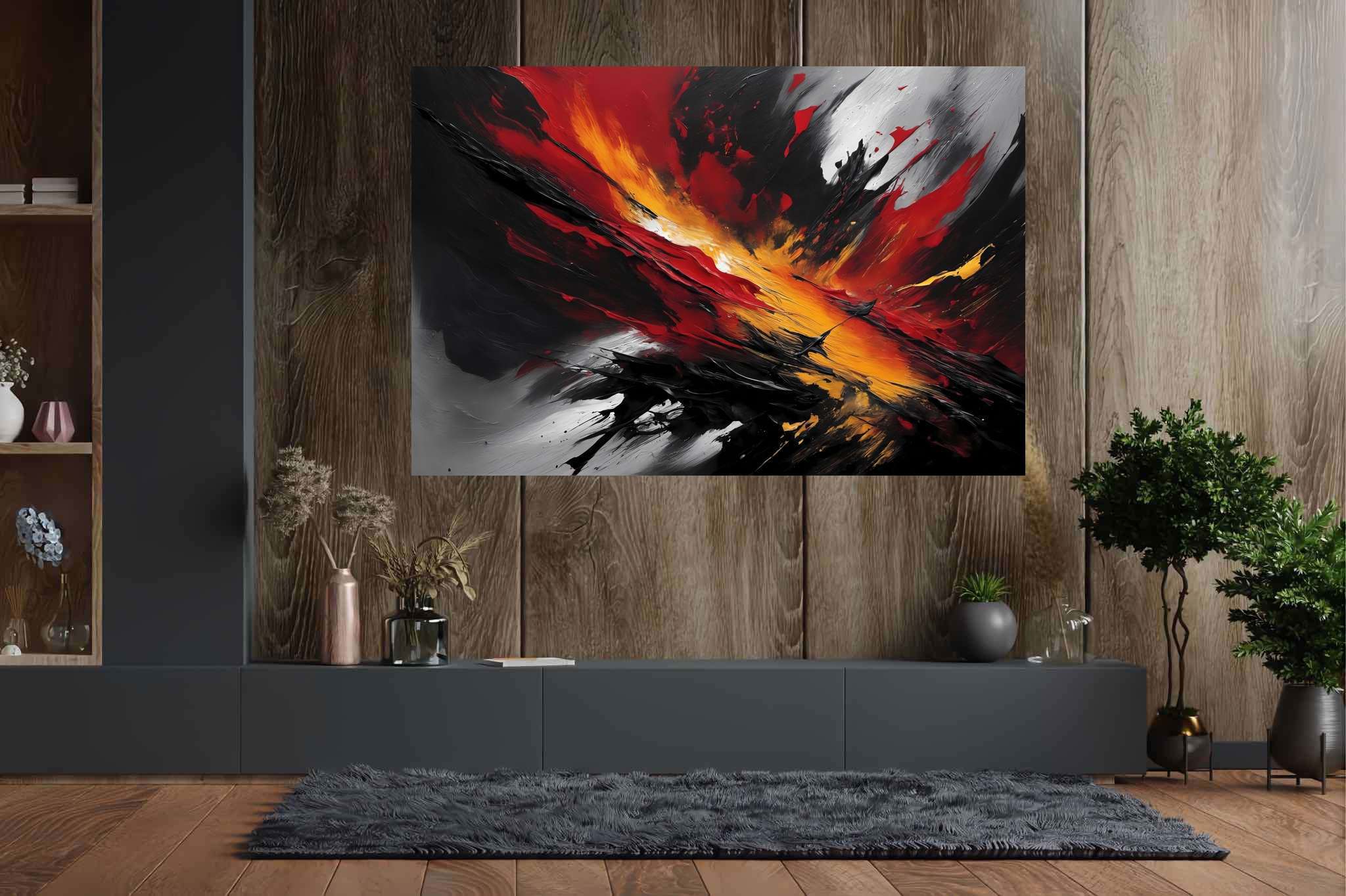 Crimson chaos unleashed: Explosion art with explosion art, in a room with artistic style, gallery-quality artwork, and trendy home accents. The art can be printed on poster, framed poster, canvas, metal, acrylic or wood, exclusively at WallArtZen. Find this exact print at https://wallartzen.com/waz228