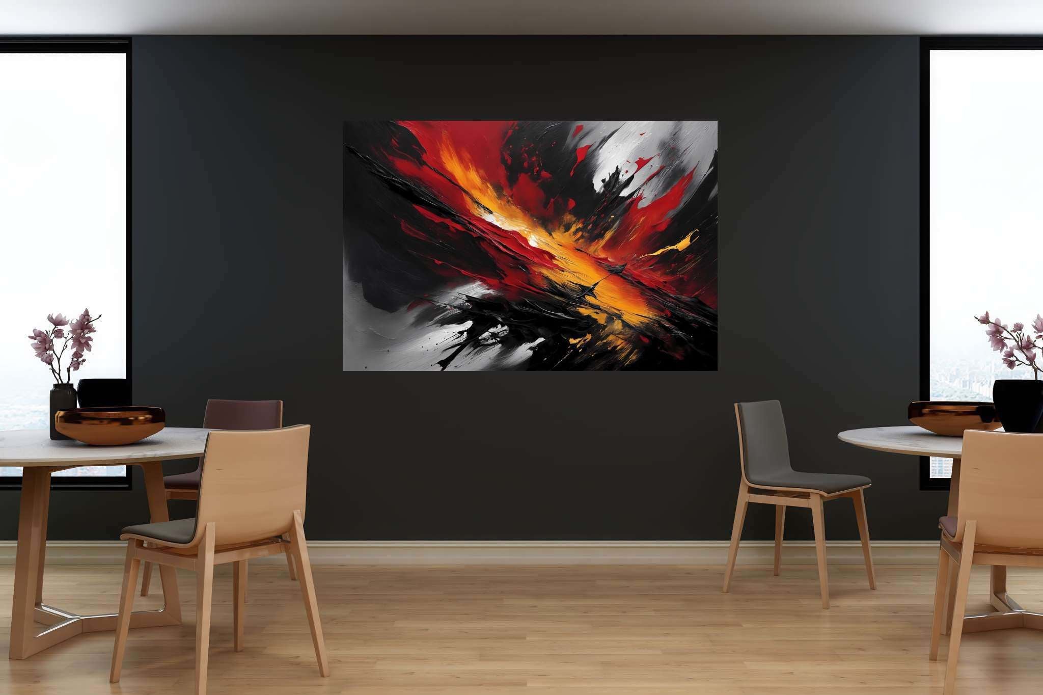Crimson chaos unleashed: Explosion art with explosive creativity, in a room with great design, mural artworks, and luxe decor. The art can be printed on poster, framed poster, canvas, metal, acrylic or wood, exclusively at WallArtZen. Find this exact print at https://wallartzen.com/waz228