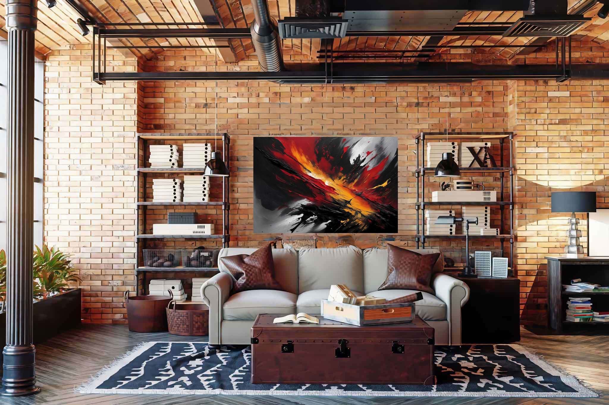Crimson chaos unleashed: Explosion art with fiery artwork, in a room with elegant layout, fine art prints, and decorative pieces. The art can be printed on poster, framed poster, canvas, metal, acrylic or wood, exclusively at WallArtZen. Find this exact print at https://wallartzen.com/waz228