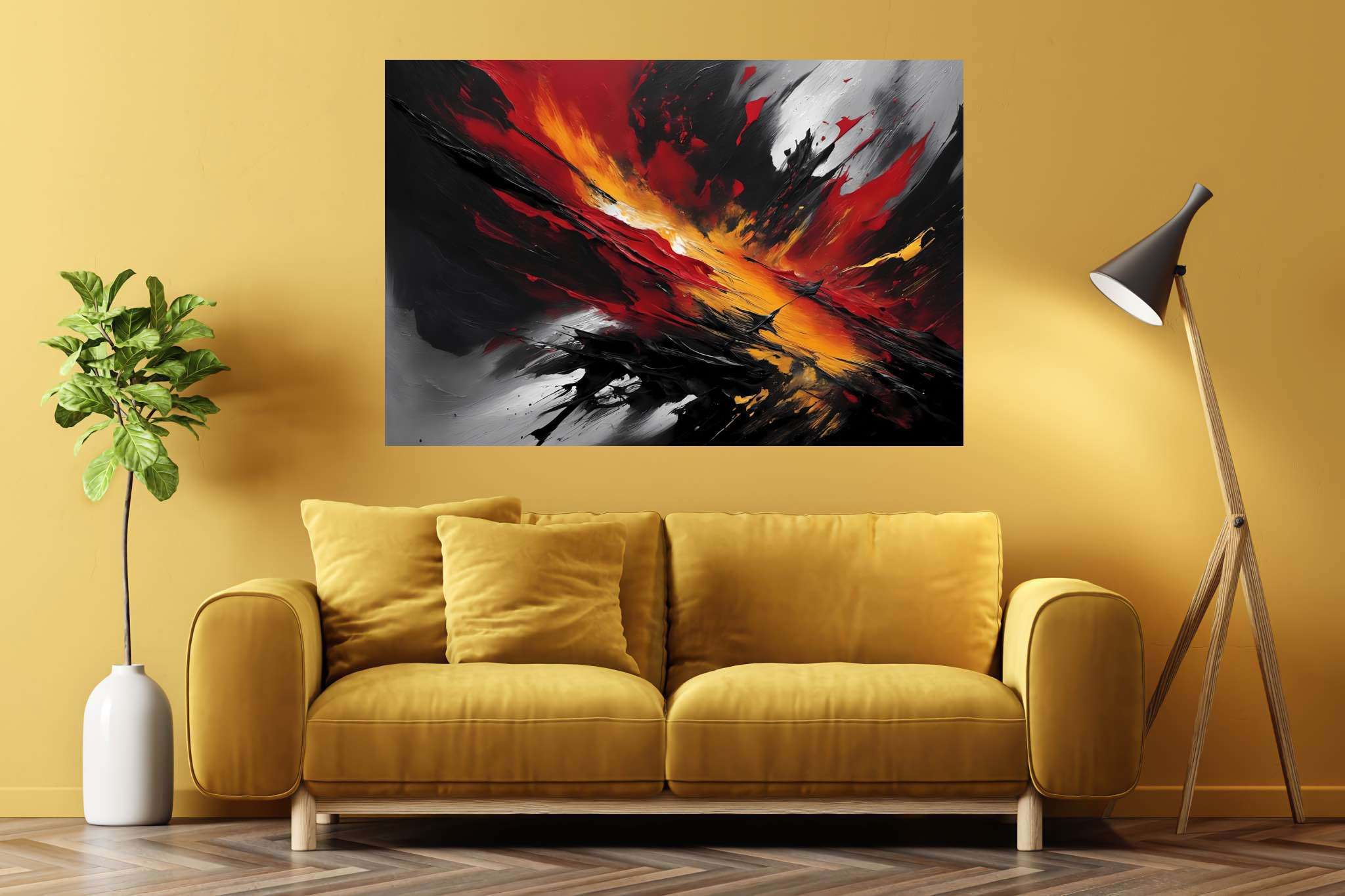 Crimson chaos unleashed: Explosion art with fiery artwork, in a room with elegant layout, digital art pieces, and trendy home accents. The art can be printed on poster, framed poster, canvas, metal, acrylic or wood, exclusively at WallArtZen. Find this exact print at https://wallartzen.com/waz228