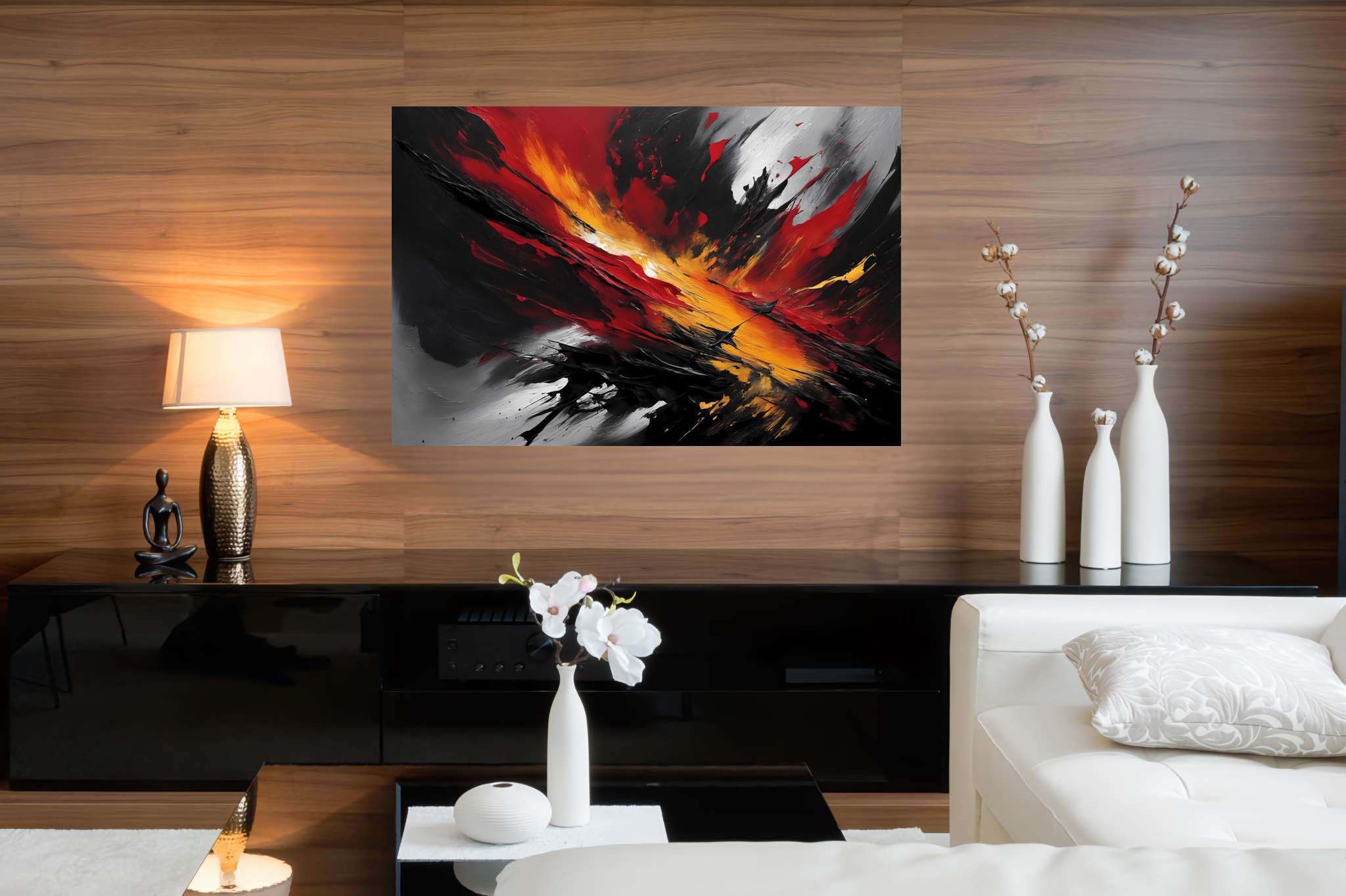 Crimson chaos unleashed: Explosion art with dynamic creations, in a room with modern style, photographic wall art, and designer furniture. The art can be printed on poster, framed poster, canvas, metal, acrylic or wood, exclusively at WallArtZen. Find this exact print at https://wallartzen.com/waz228
