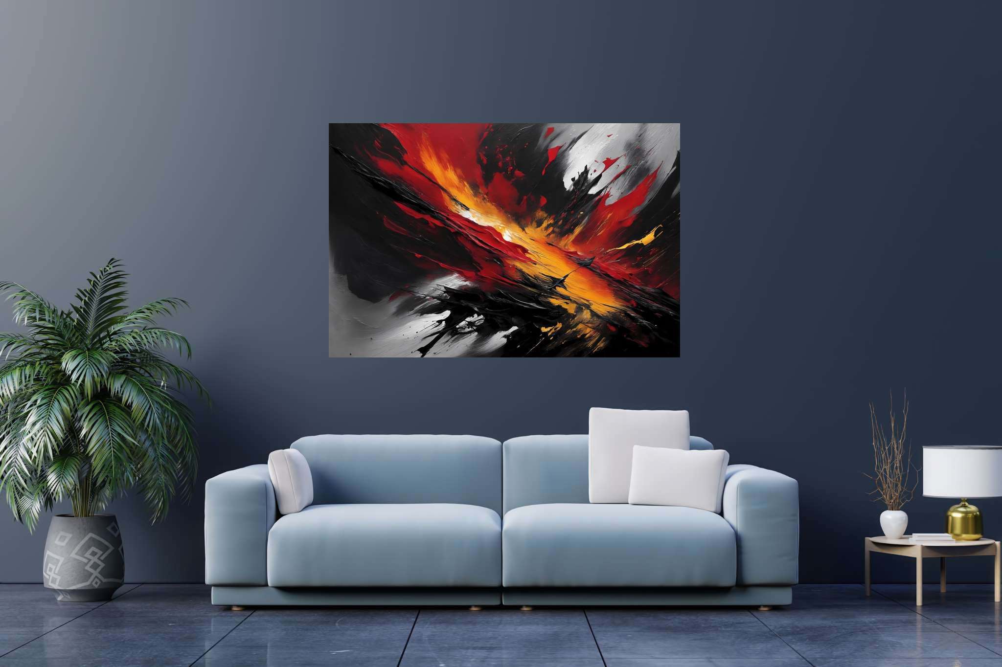Crimson chaos unleashed: Explosion art with explosive brushstrokes, in a room with minimalist approach, wall art, and interior decorations. The art can be printed on poster, framed poster, canvas, metal, acrylic or wood, exclusively at WallArtZen. Find this exact print at https://wallartzen.com/waz228