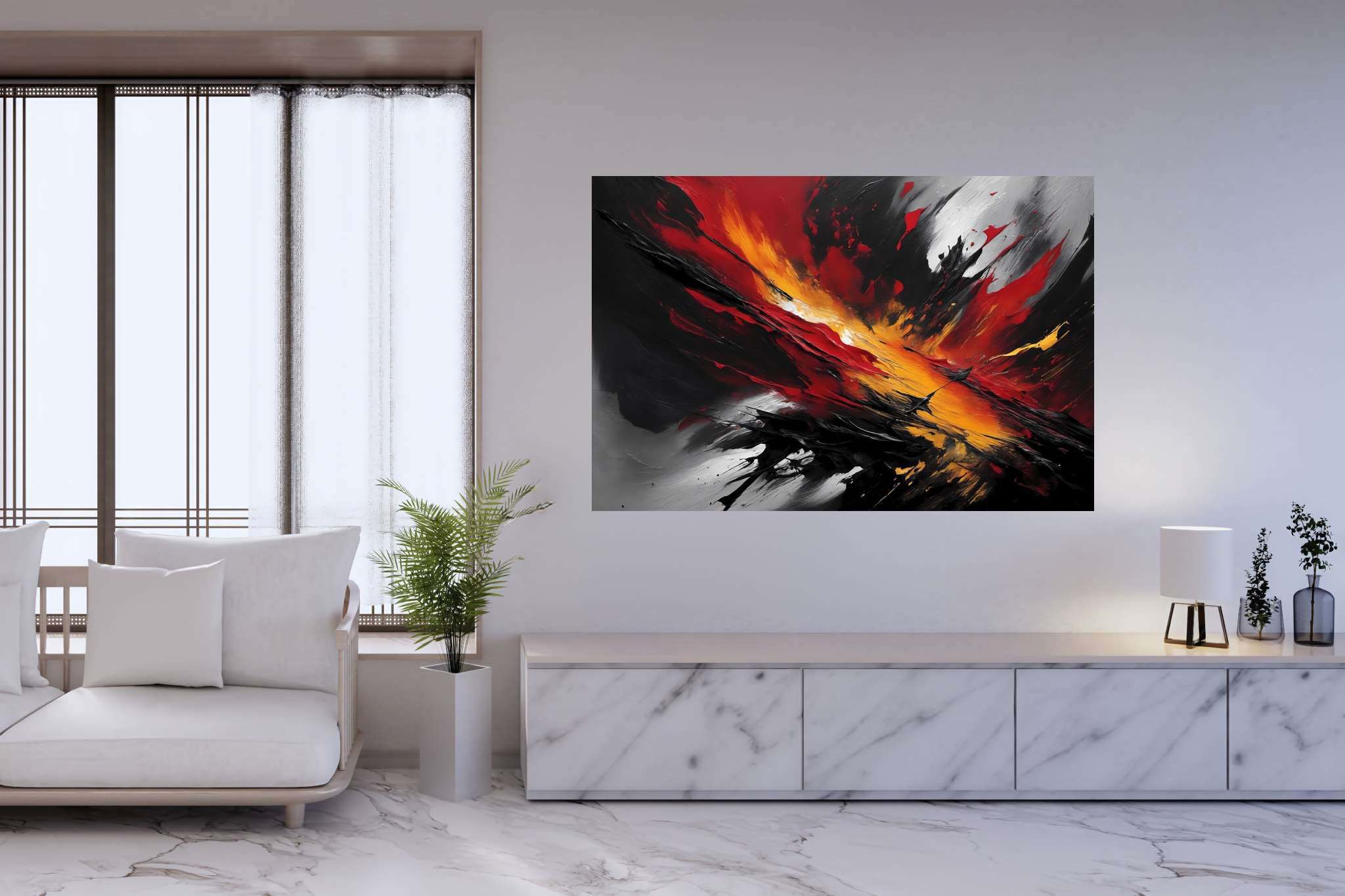 Crimson chaos unleashed: Explosion art with explosive inspiration, in a room with chic decor, mural artworks, and artisan decor. The art can be printed on poster, framed poster, canvas, metal, acrylic or wood, exclusively at WallArtZen. Find this exact print at https://wallartzen.com/waz228