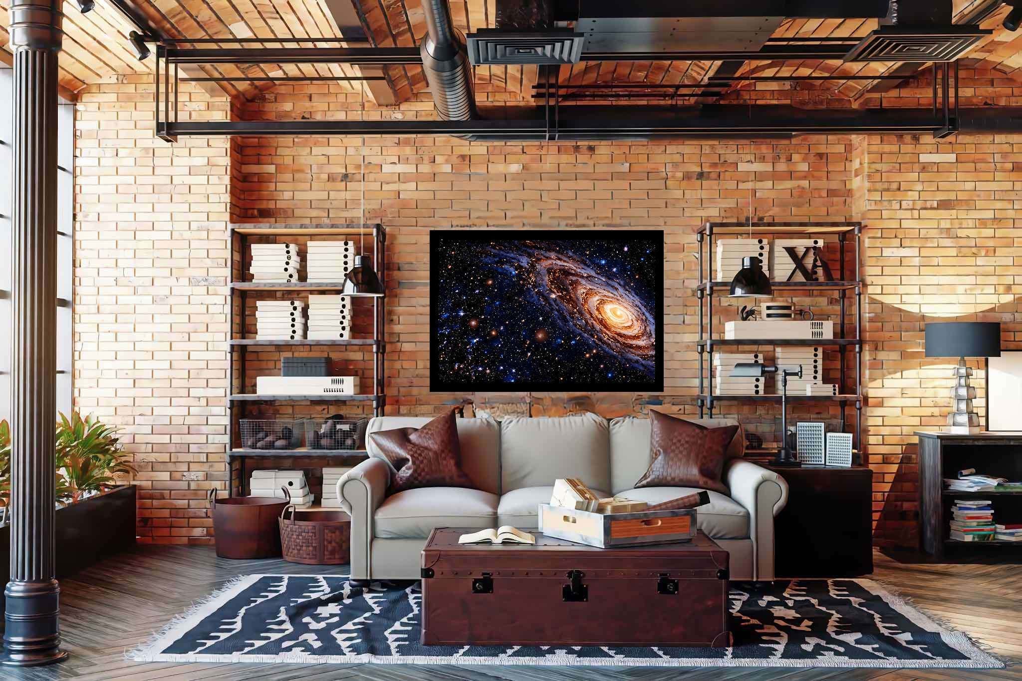 Celestial tapestry unfolds: Vibrant galaxy art with galactic scenery, in a room with artistic style, wall hangings, and luxe decor. The art can be printed on poster, framed poster, canvas, metal, acrylic or wood, exclusively at WallArtZen. Find this exact print at https://wallartzen.com/waz229