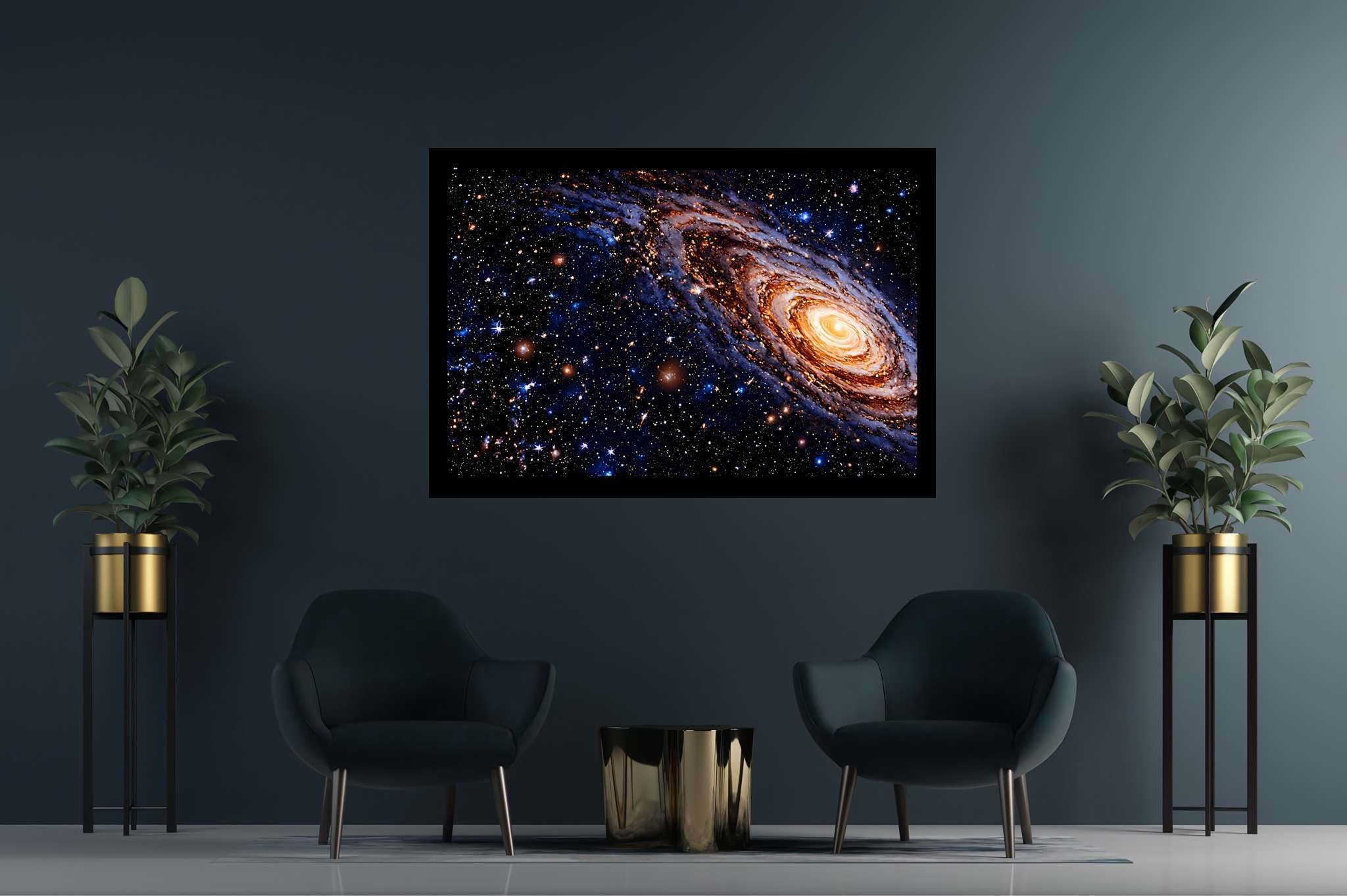 Celestial tapestry unfolds: Vibrant galaxy art with galactic scenery, in a room with minimalist approach, gallery-quality artwork, and trendy home accents. The art can be printed on poster, framed poster, canvas, metal, acrylic or wood, exclusively at WallArtZen. Find this exact print at https://wallartzen.com/waz229