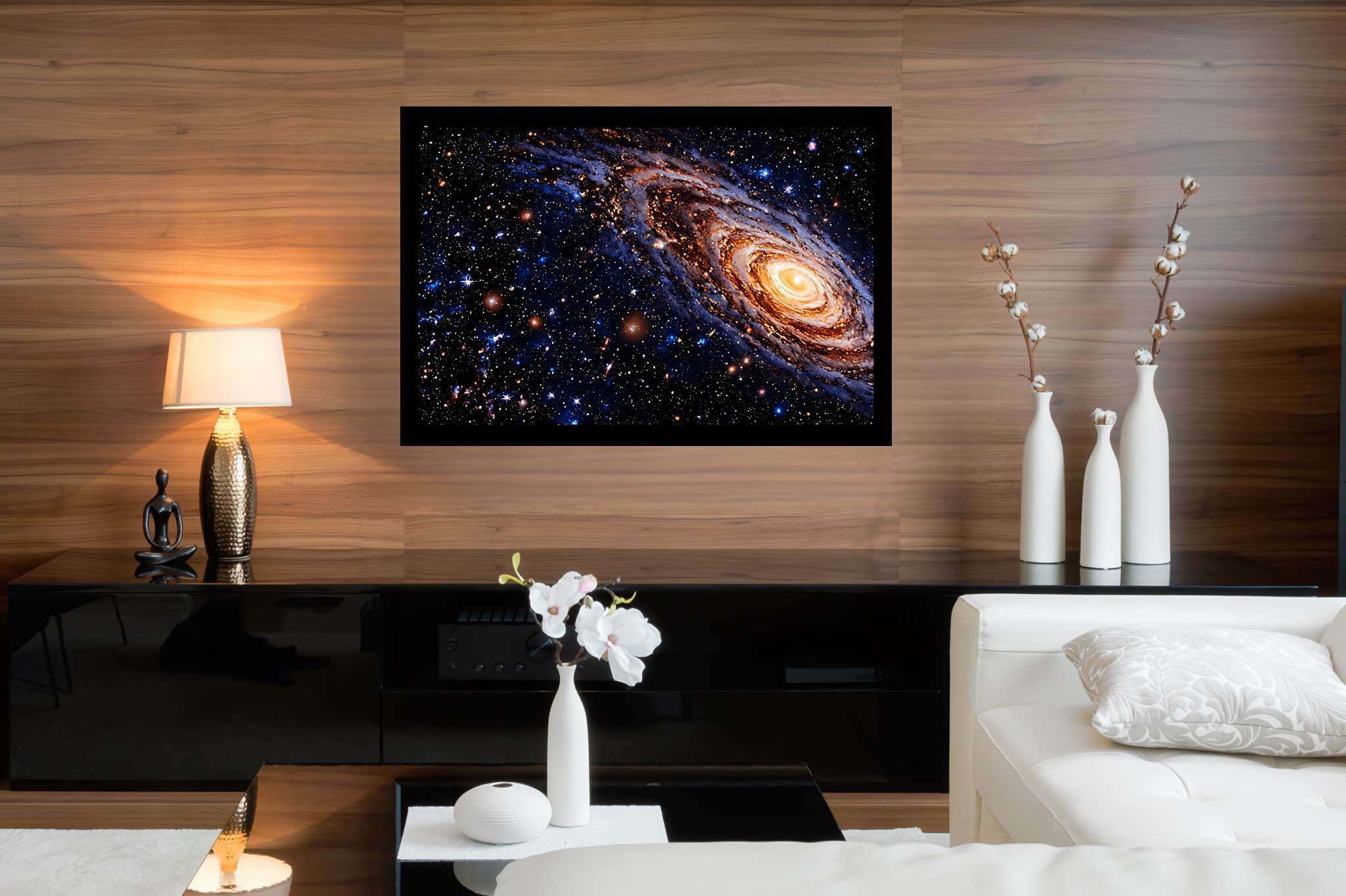Celestial tapestry unfolds: Vibrant galaxy art with dynamic astral images, in a room with innovative layout, mural artworks, and luxe decor. The art can be printed on poster, framed poster, canvas, metal, acrylic or wood, exclusively at WallArtZen. Find this exact print at https://wallartzen.com/waz229