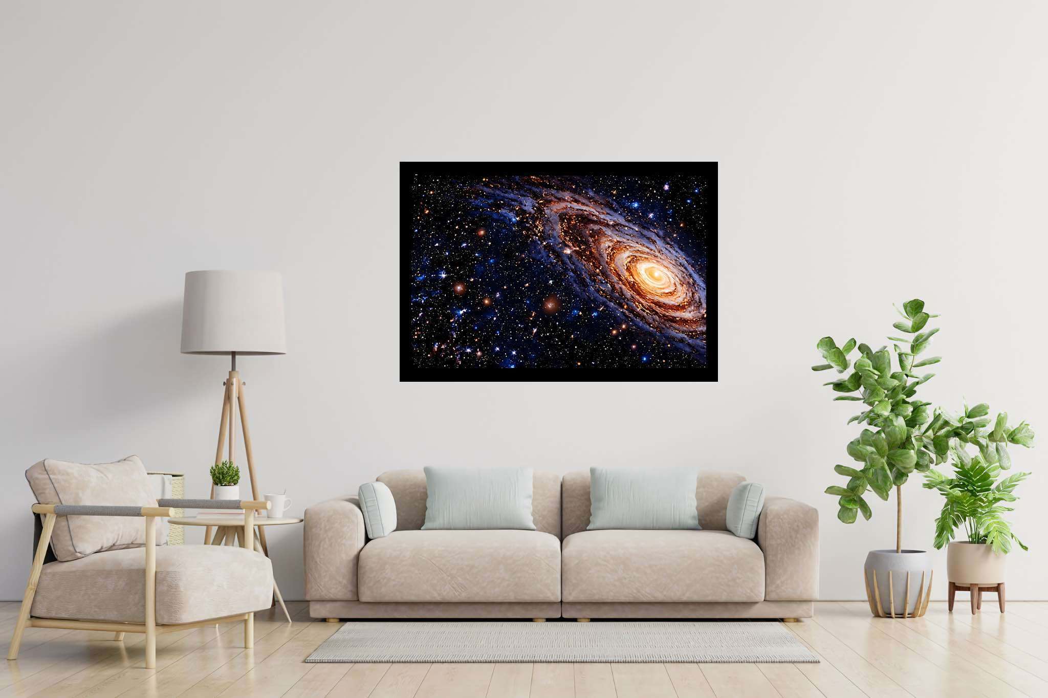 Celestial tapestry unfolds: Vibrant galaxy art with vibrant cosmic depictions, in a room with artistic style, abstract paintings, and artisan decor. The art can be printed on poster, framed poster, canvas, metal, acrylic or wood, exclusively at WallArtZen. Find this exact print at https://wallartzen.com/waz229
