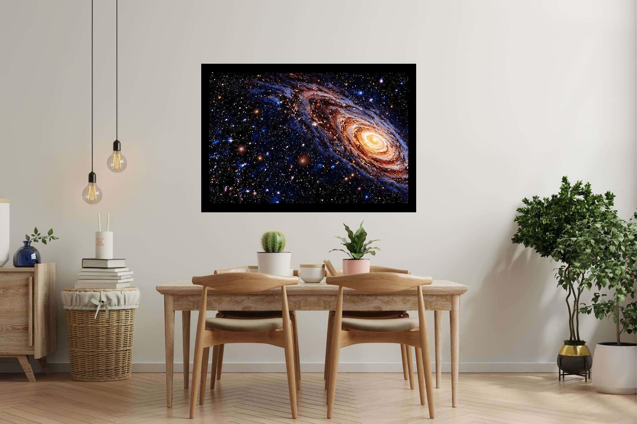 Celestial tapestry unfolds: Vibrant galaxy art with vibrant galaxy art, in a room with artistic style, framed art, and home styling items. The art can be printed on poster, framed poster, canvas, metal, acrylic or wood, exclusively at WallArtZen. Find this exact print at https://wallartzen.com/waz229