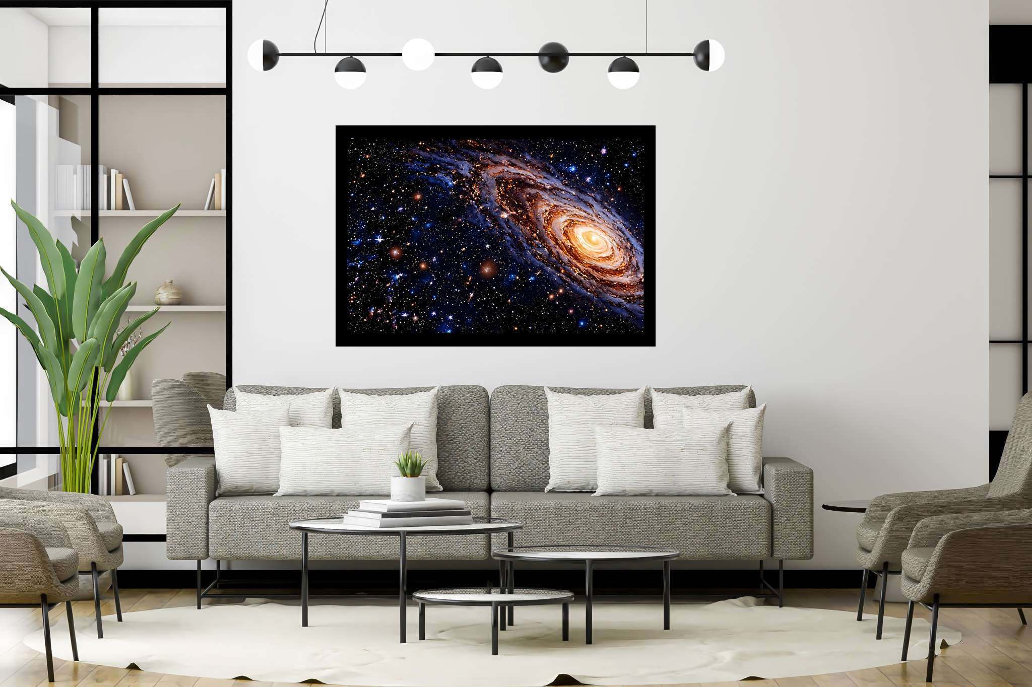 Celestial tapestry unfolds: Vibrant galaxy art with colorful abstract paintings, in a room with elegant layout, abstract paintings, and home styling items. The art can be printed on poster, framed poster, canvas, metal, acrylic or wood, exclusively at WallArtZen. Find this exact print at https://wallartzen.com/waz229