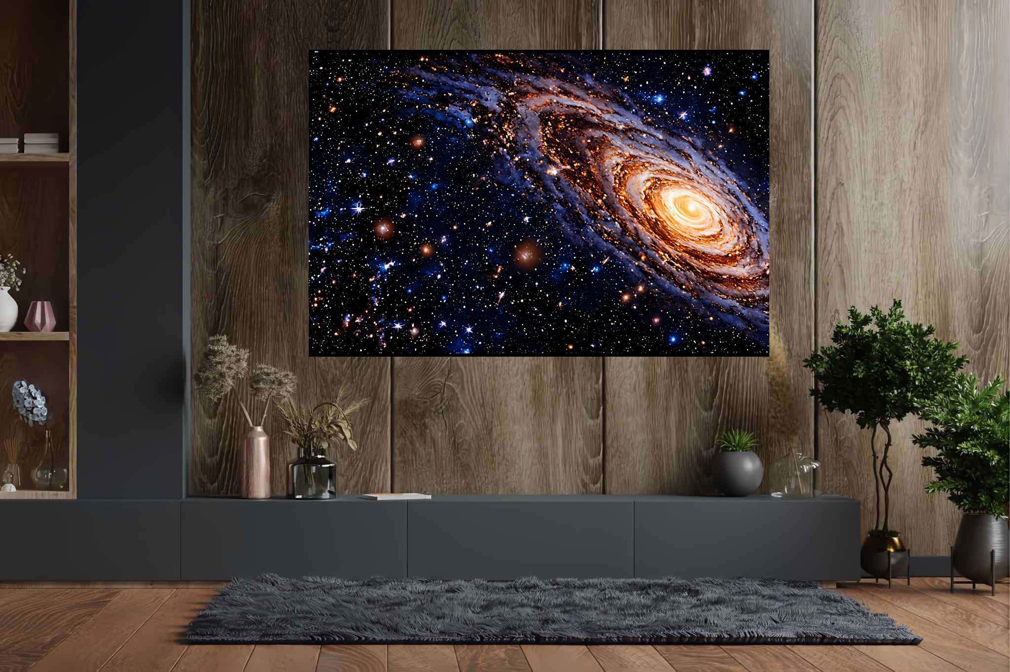 Celestial tapestry unfolds: Vibrant galaxy art with dynamic astral images, in a room with innovative layout, canvas prints, and designer furniture. The art can be printed on poster, framed poster, canvas, metal, acrylic or wood, exclusively at WallArtZen. Find this exact print at https://wallartzen.com/waz229