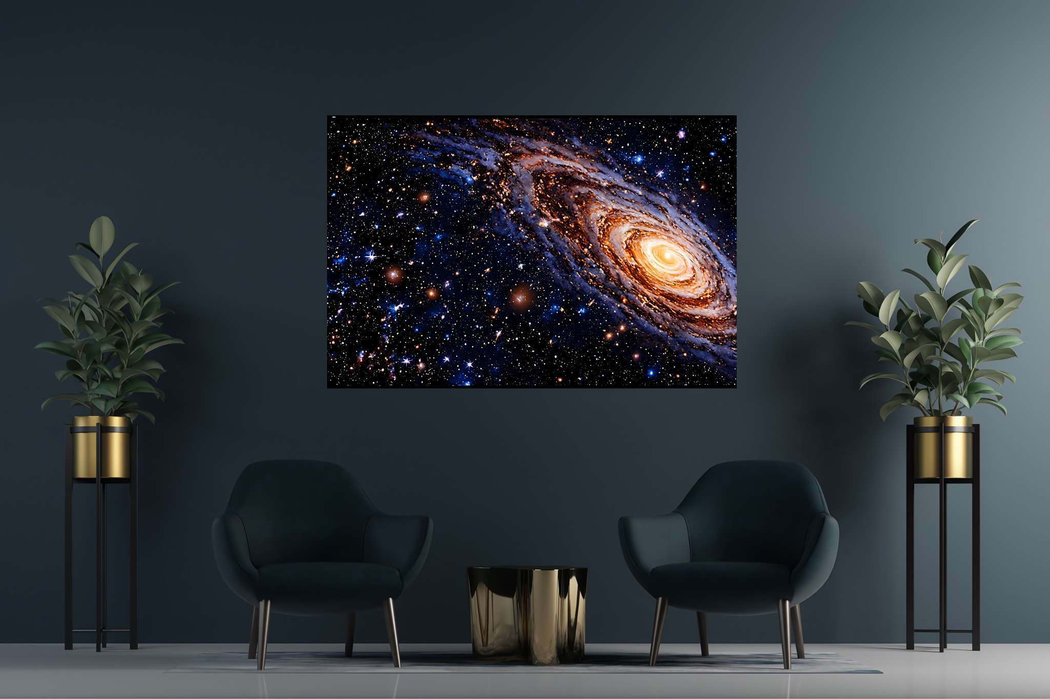 Celestial tapestry unfolds: Vibrant galaxy art with vibrant cosmic depictions, in a room with classic elegance, fine art prints, and elegant home goods. The art can be printed on poster, framed poster, canvas, metal, acrylic or wood, exclusively at WallArtZen. Find this exact print at https://wallartzen.com/waz229