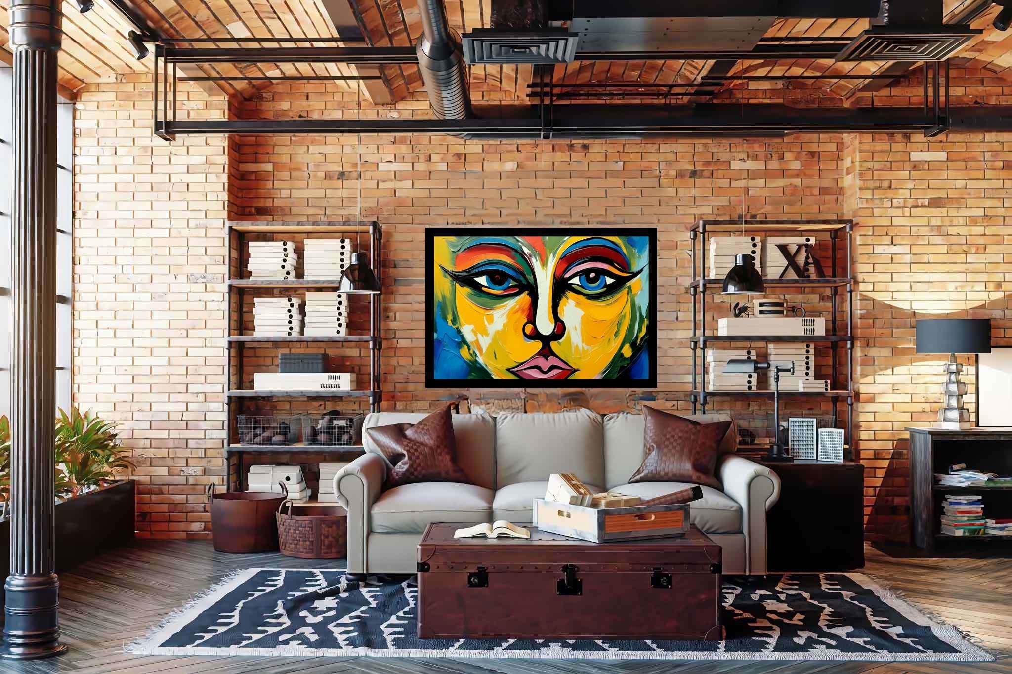 Chromatic persona serenade: Abstract face art with abstract expressionism, in a room with artistic style, fine art prints, and artisan decor. The art can be printed on poster, framed poster, canvas, metal, acrylic or wood, exclusively at WallArtZen. Find this exact print at https://wallartzen.com/waz22