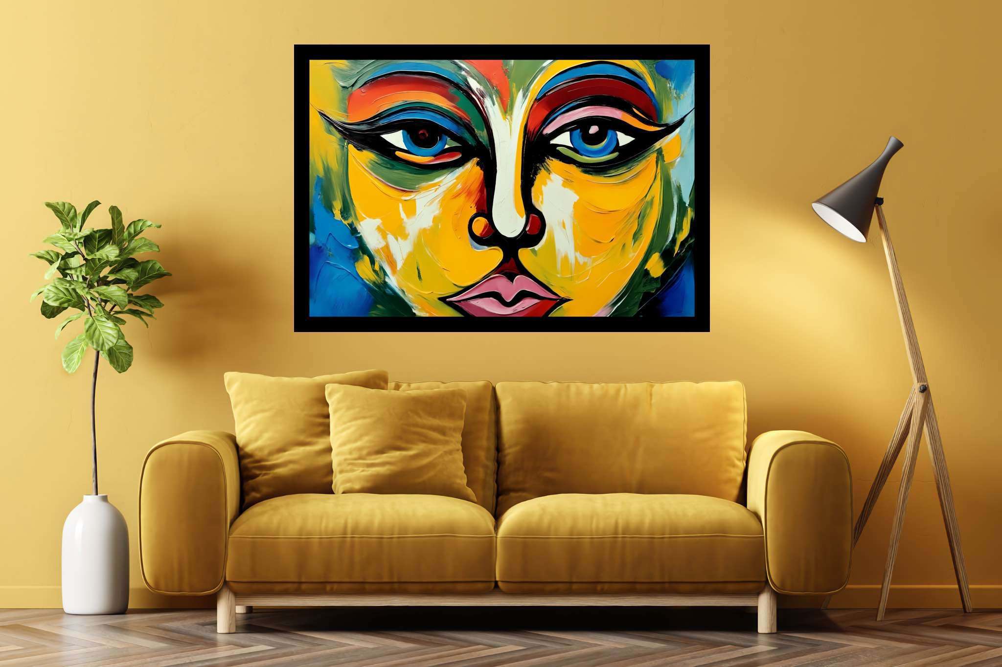 Chromatic persona serenade: Abstract face art with abstract facial features, in a room with urban design, framed art, and home furnishings. The art can be printed on poster, framed poster, canvas, metal, acrylic or wood, exclusively at WallArtZen. Find this exact print at https://wallartzen.com/waz22