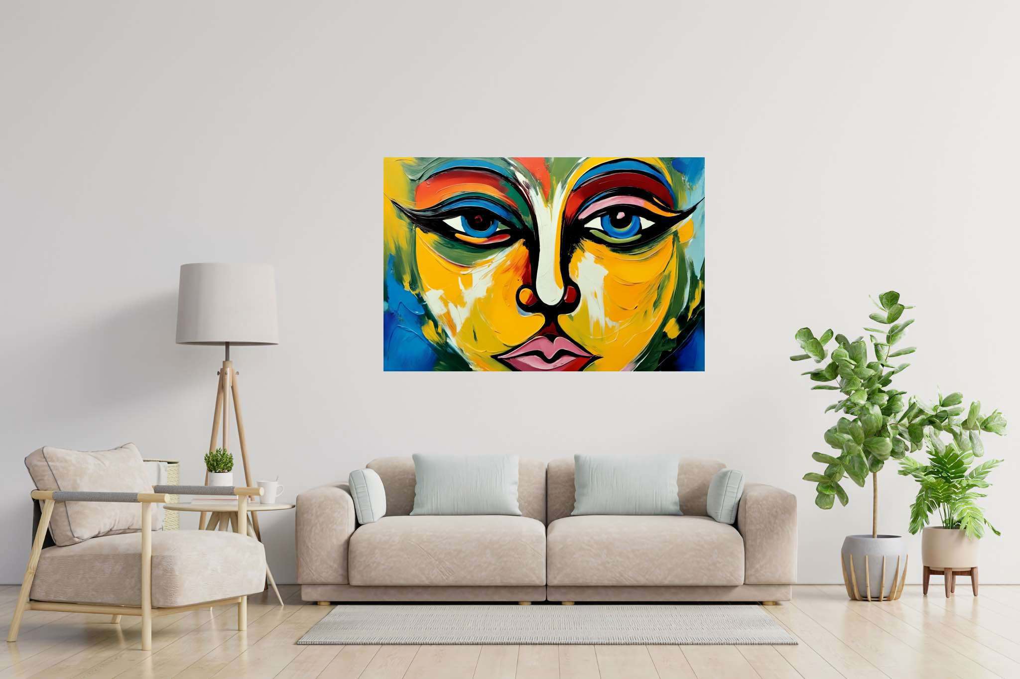 Chromatic persona serenade: Abstract face art with abstract face art, in a room with contemporary flair, abstract paintings, and luxe decor. The art can be printed on poster, framed poster, canvas, metal, acrylic or wood, exclusively at WallArtZen. Find this exact print at https://wallartzen.com/waz22