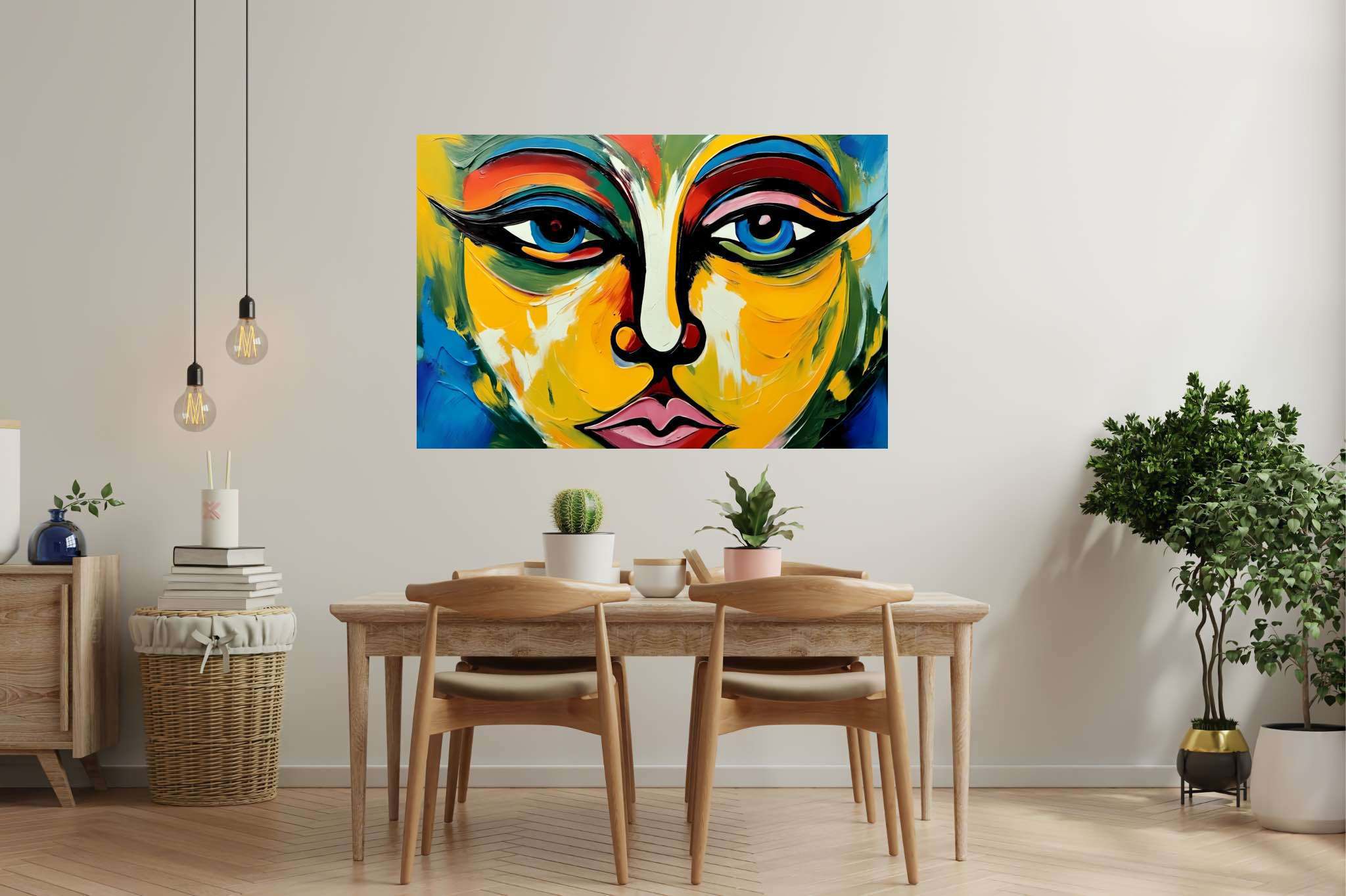 Chromatic persona serenade: Abstract face art with avant-garde portraits, in a room with modern style, canvas prints, and trendy home accents. The art can be printed on poster, framed poster, canvas, metal, acrylic or wood, exclusively at WallArtZen. Find this exact print at https://wallartzen.com/waz22