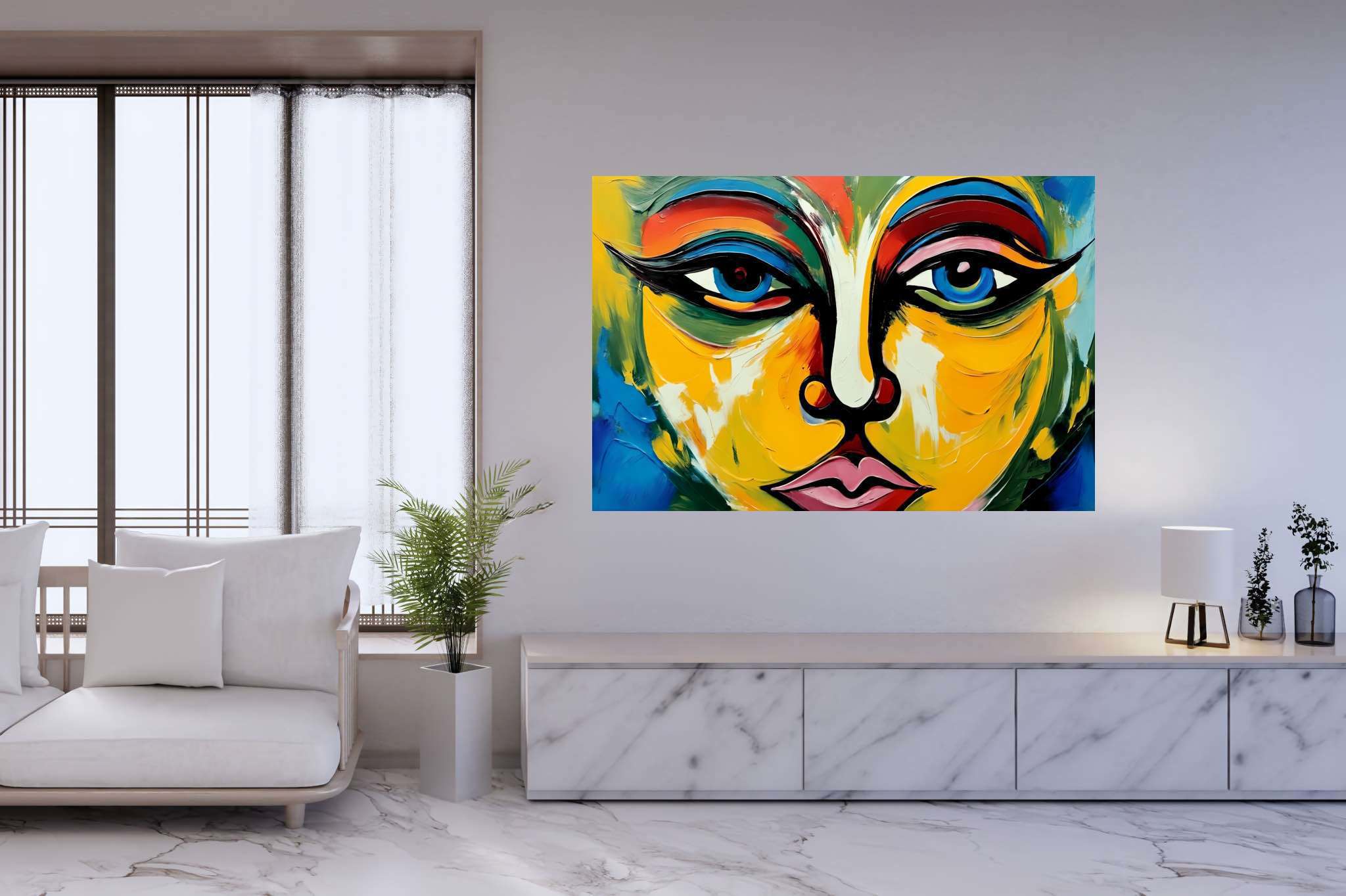 Chromatic persona serenade: Abstract face art with emotional abstraction, in a room with classic elegance, mural artworks, and home furnishings. The art can be printed on poster, framed poster, canvas, metal, acrylic or wood, exclusively at WallArtZen. Find this exact print at https://wallartzen.com/waz22