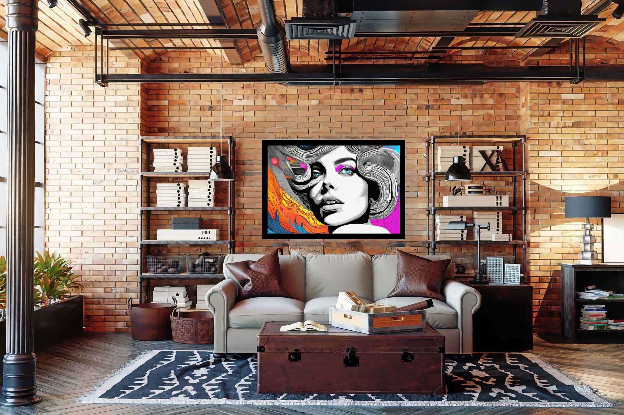 Ethereal muse in chromatic rhapsody: Surreal woman art with mystical female figures, in a room with contemporary flair, mural artworks, and stylish accessories. The art can be printed on poster, framed poster, canvas, metal, acrylic or wood, exclusively at WallArtZen. Find this exact print at https://wallartzen.com/waz230