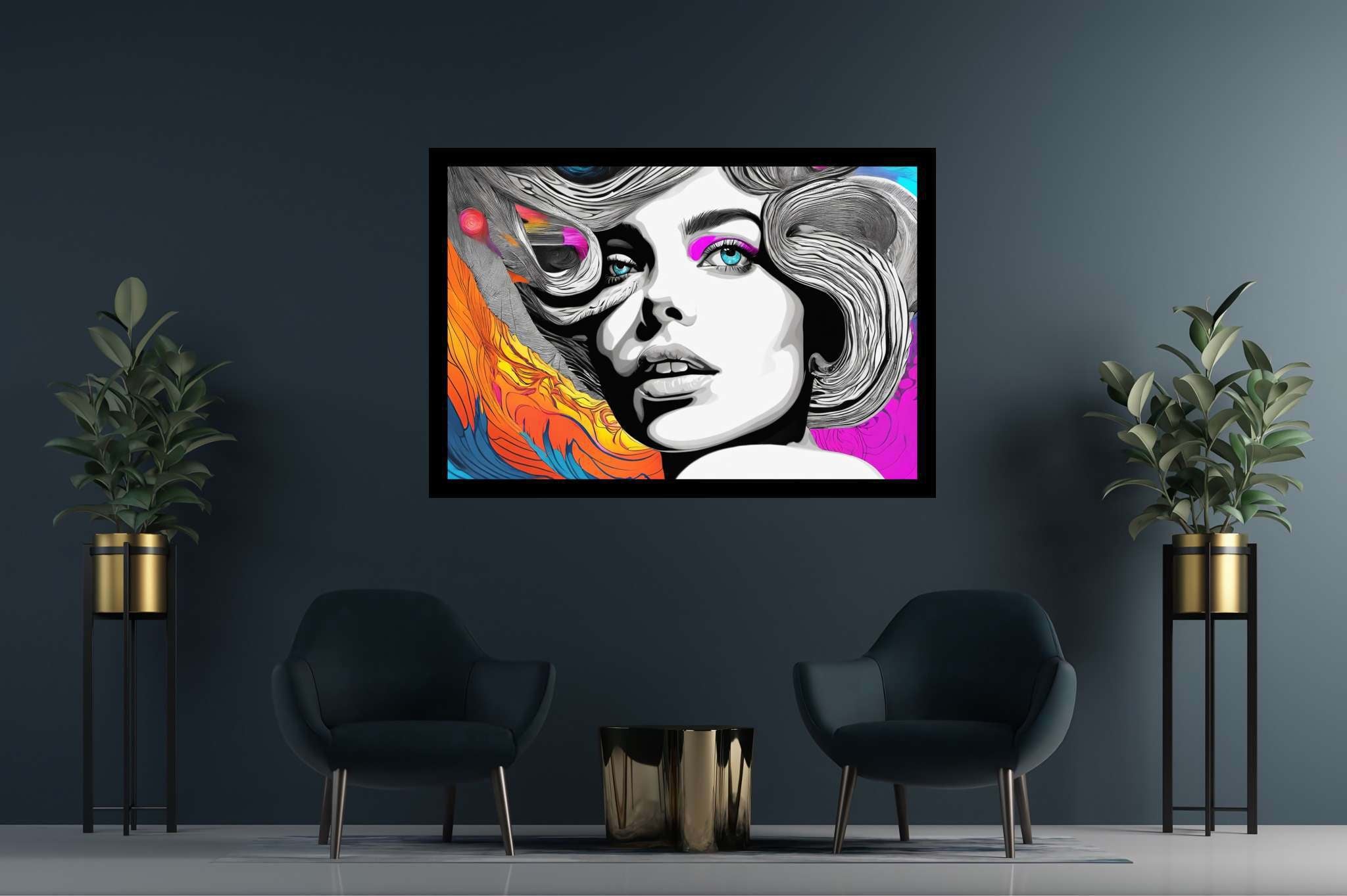 Ethereal muse in chromatic rhapsody: Surreal woman art with surrealism, in a room with chic decor, digital art pieces, and elegant home goods. The art can be printed on poster, framed poster, canvas, metal, acrylic or wood, exclusively at WallArtZen. Find this exact print at https://wallartzen.com/waz230