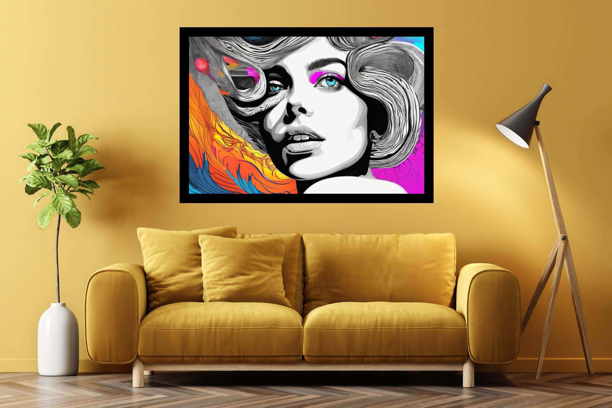 Ethereal muse in chromatic rhapsody: Surreal woman art with ethereal art, in a room with innovative layout, gallery-quality artwork, and artisan decor. The art can be printed on poster, framed poster, canvas, metal, acrylic or wood, exclusively at WallArtZen. Find this exact print at https://wallartzen.com/waz230