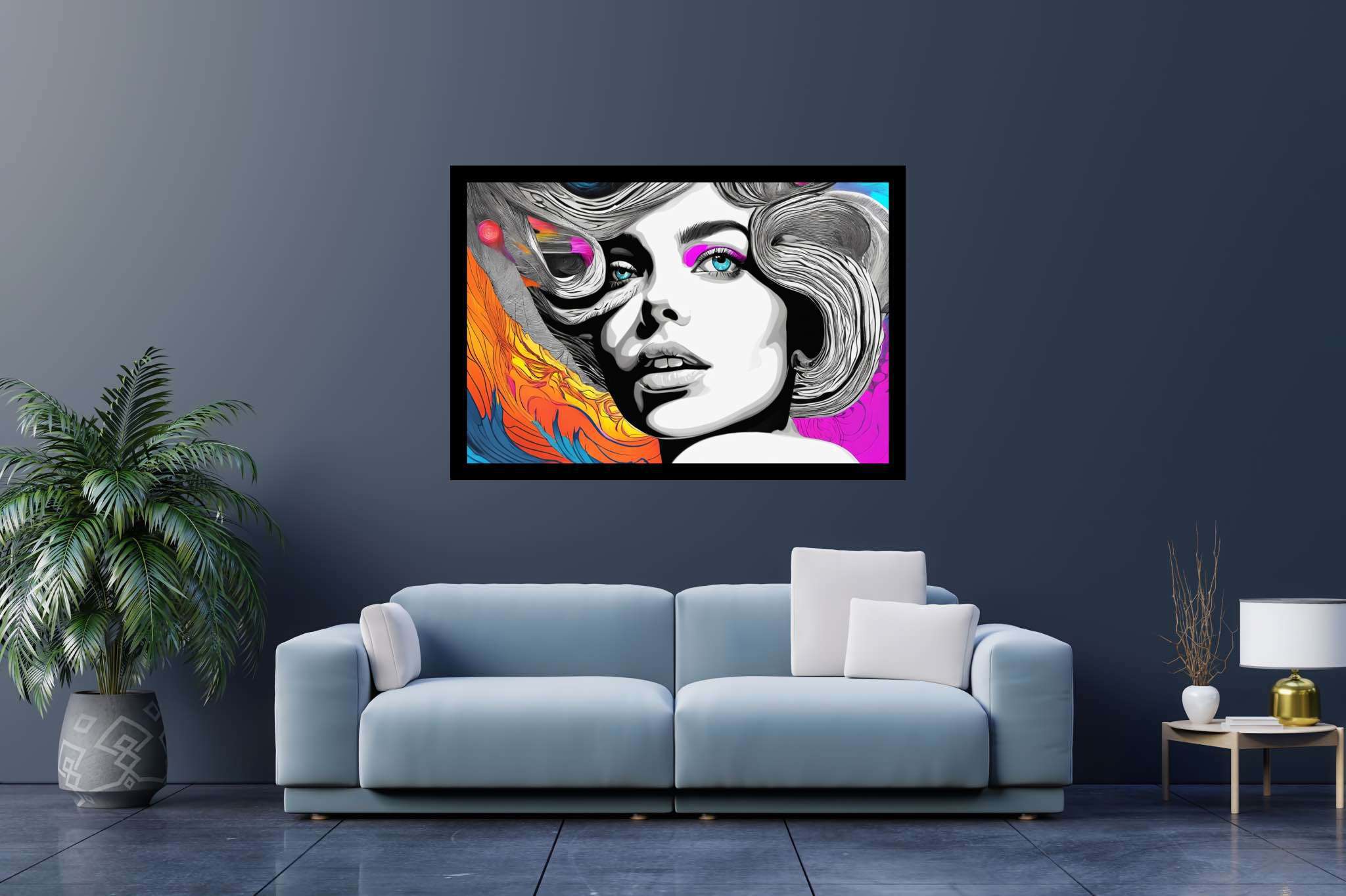 Ethereal muse in chromatic rhapsody: Surreal woman art with surrealism, in a room with urban design, canvas prints, and trendy home accents. The art can be printed on poster, framed poster, canvas, metal, acrylic or wood, exclusively at WallArtZen. Find this exact print at https://wallartzen.com/waz230