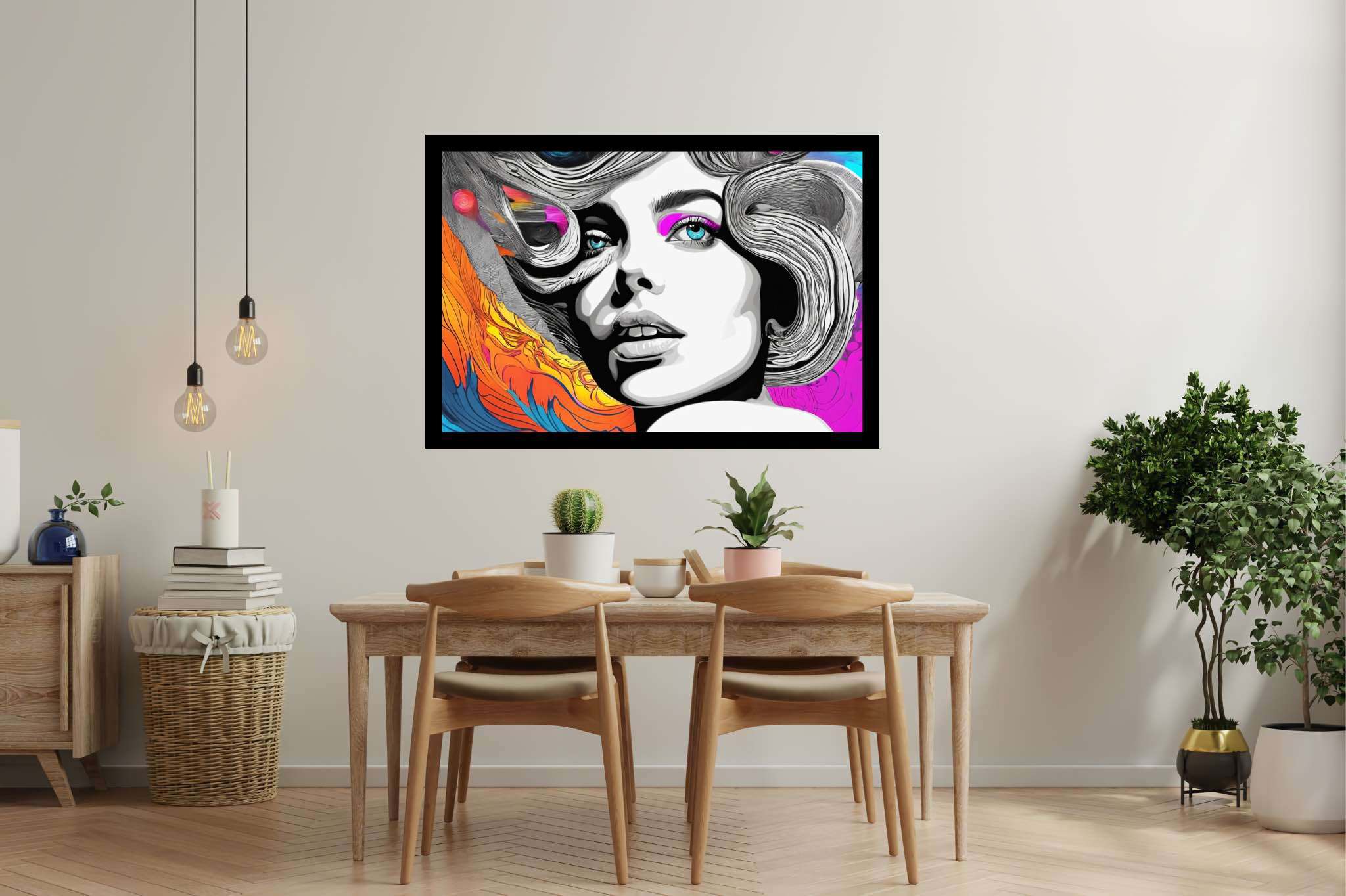 Ethereal muse in chromatic rhapsody: Surreal woman art with dreamlike female paintings, in a room with urban design, framed art, and stylish accessories. The art can be printed on poster, framed poster, canvas, metal, acrylic or wood, exclusively at WallArtZen. Find this exact print at https://wallartzen.com/waz230