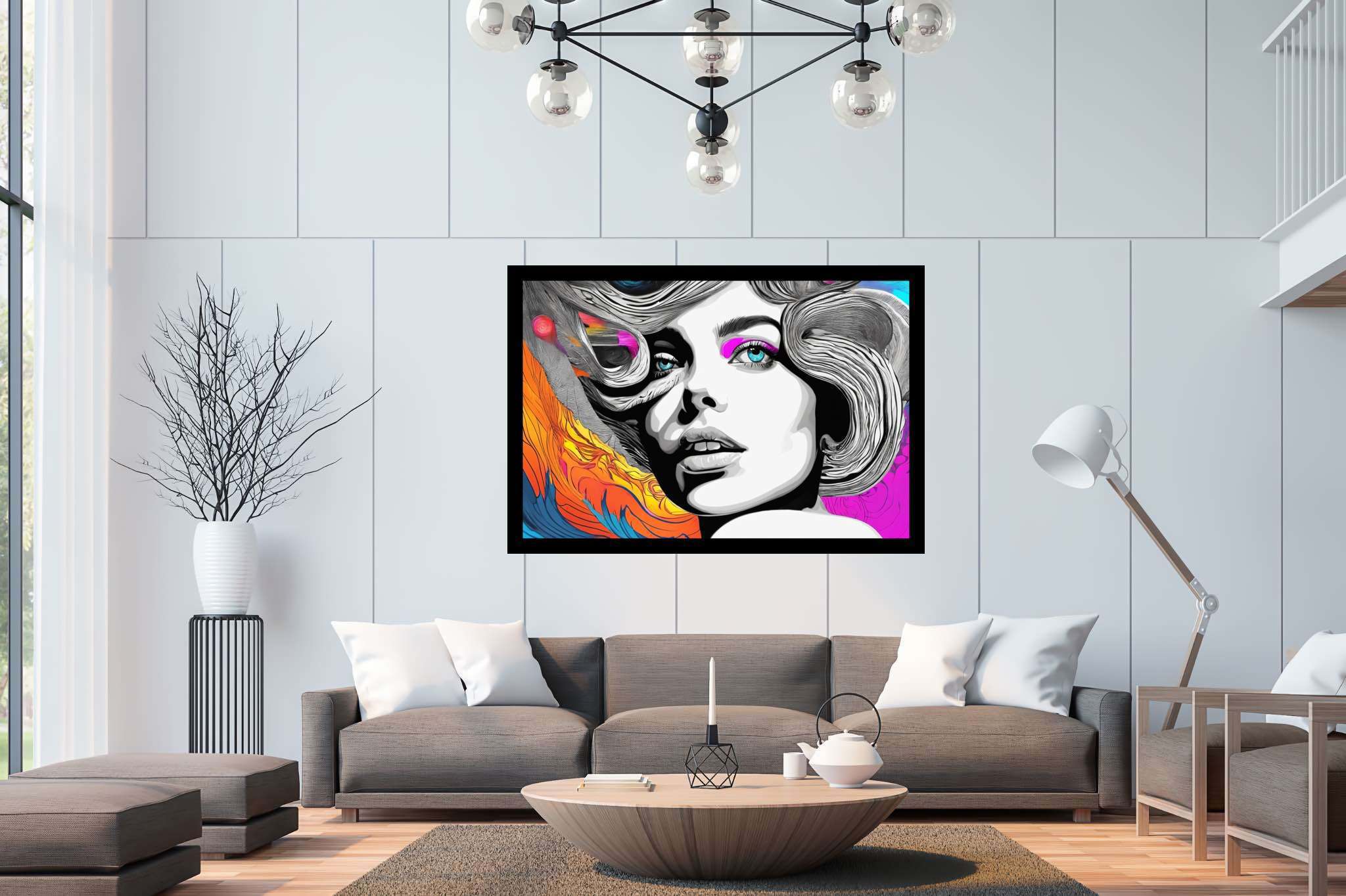 Ethereal muse in chromatic rhapsody: Surreal woman art with surreal female characters, in a room with artistic style, gallery-quality artwork, and stylish accessories. The art can be printed on poster, framed poster, canvas, metal, acrylic or wood, exclusively at WallArtZen. Find this exact print at https://wallartzen.com/waz230