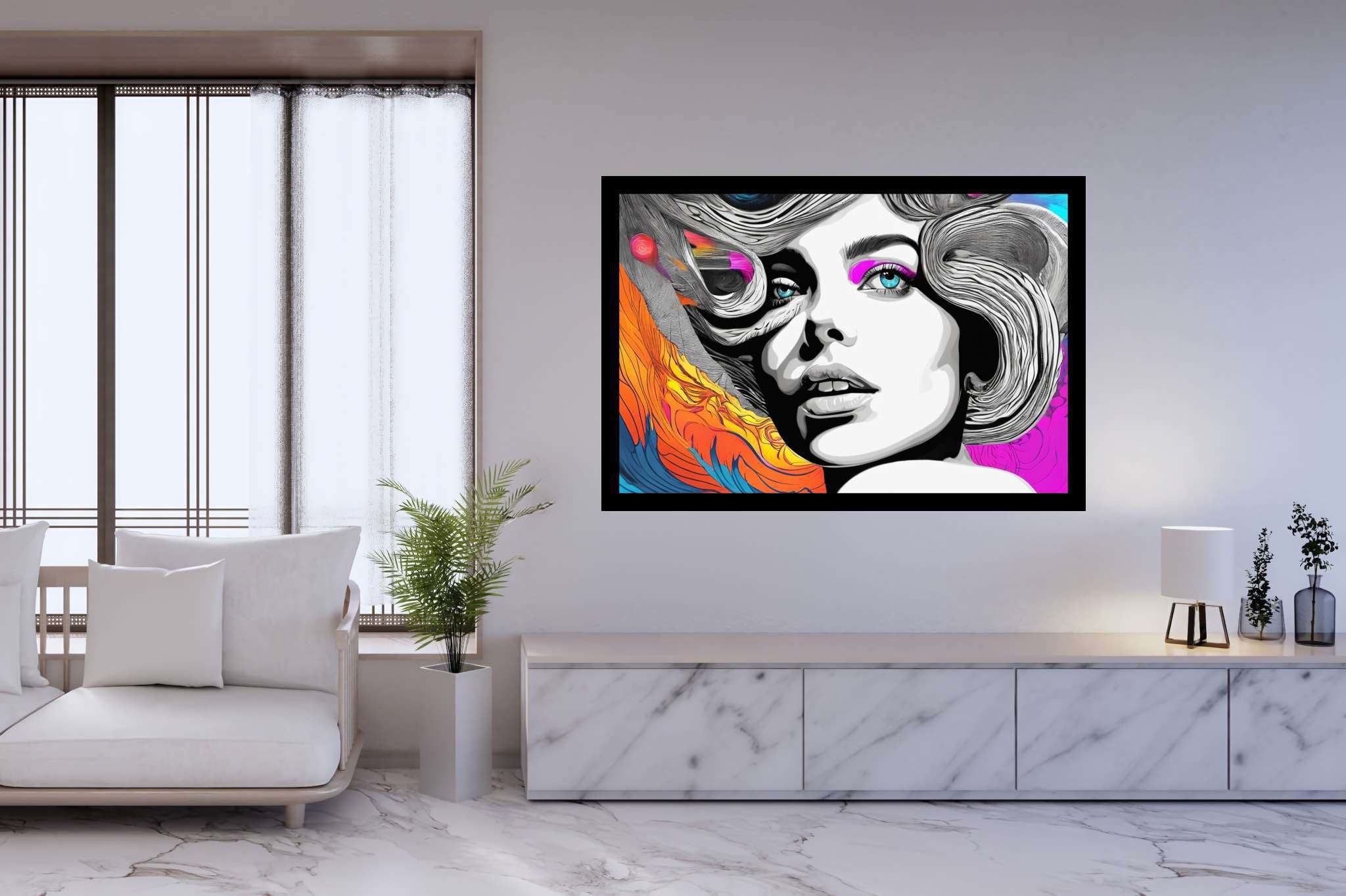 Ethereal muse in chromatic rhapsody: Surreal woman art with otherworldly female creations, in a room with elegant layout, photographic wall art, and interior decorations. The art can be printed on poster, framed poster, canvas, metal, acrylic or wood, exclusively at WallArtZen. Find this exact print at https://wallartzen.com/waz230