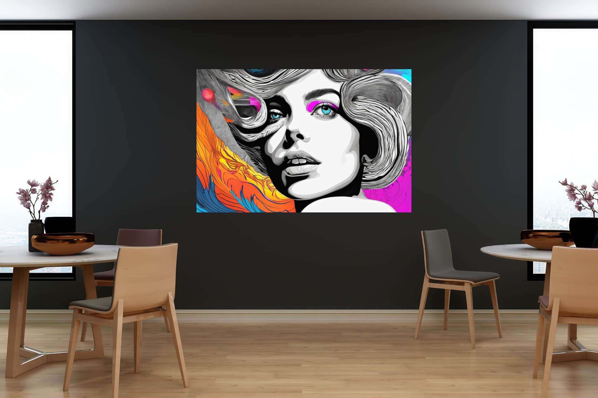 Ethereal muse in chromatic rhapsody: Surreal woman art with alternative women representation, in a room with contemporary flair, bespoke art designs, and home styling items. The art can be printed on poster, framed poster, canvas, metal, acrylic or wood, exclusively at WallArtZen. Find this exact print at https://wallartzen.com/waz230