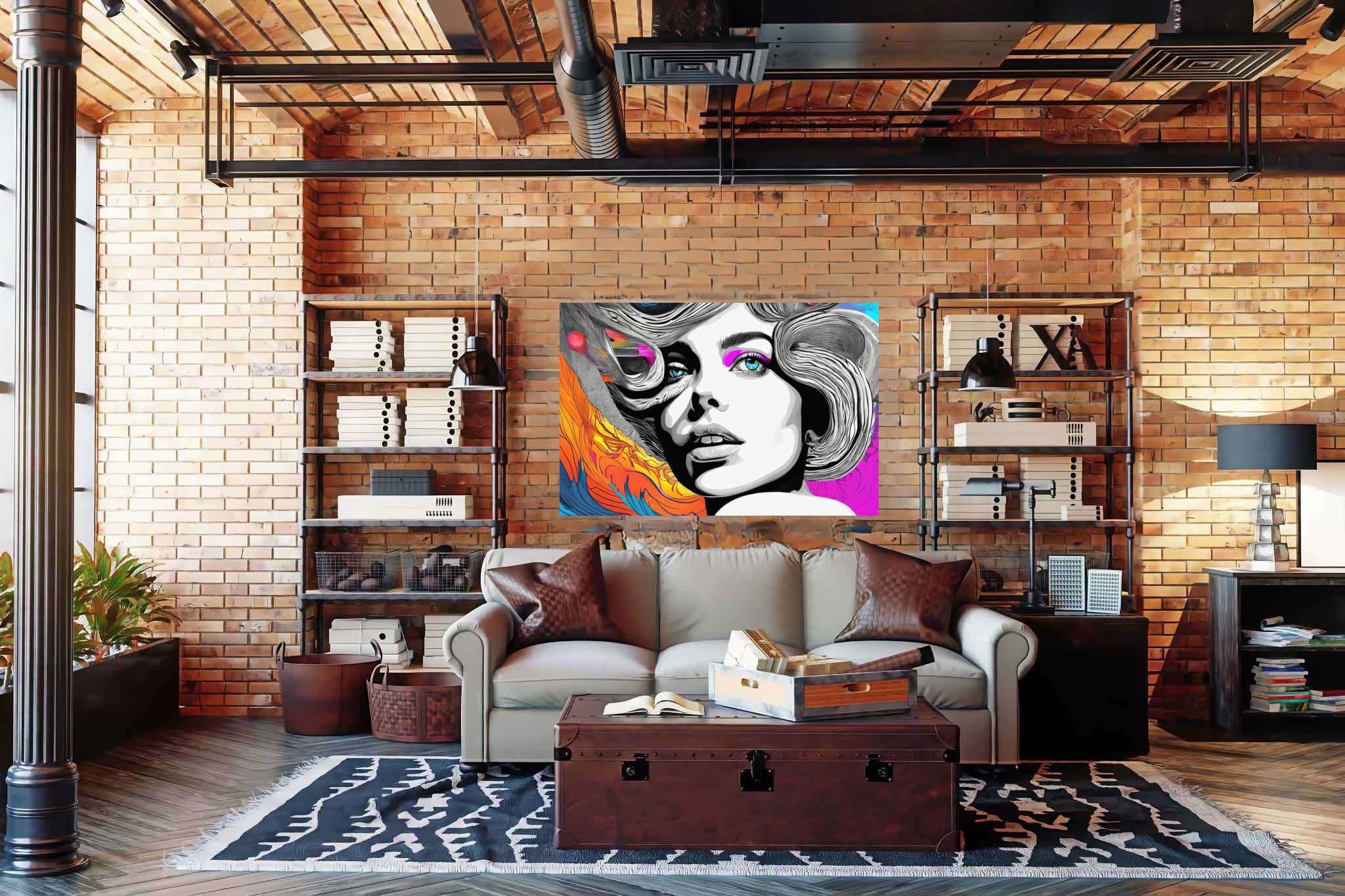 Ethereal muse in chromatic rhapsody: Surreal woman art with contemporary women artwork, in a room with elegant layout, mural artworks, and decorative pieces. The art can be printed on poster, framed poster, canvas, metal, acrylic or wood, exclusively at WallArtZen. Find this exact print at https://wallartzen.com/waz230