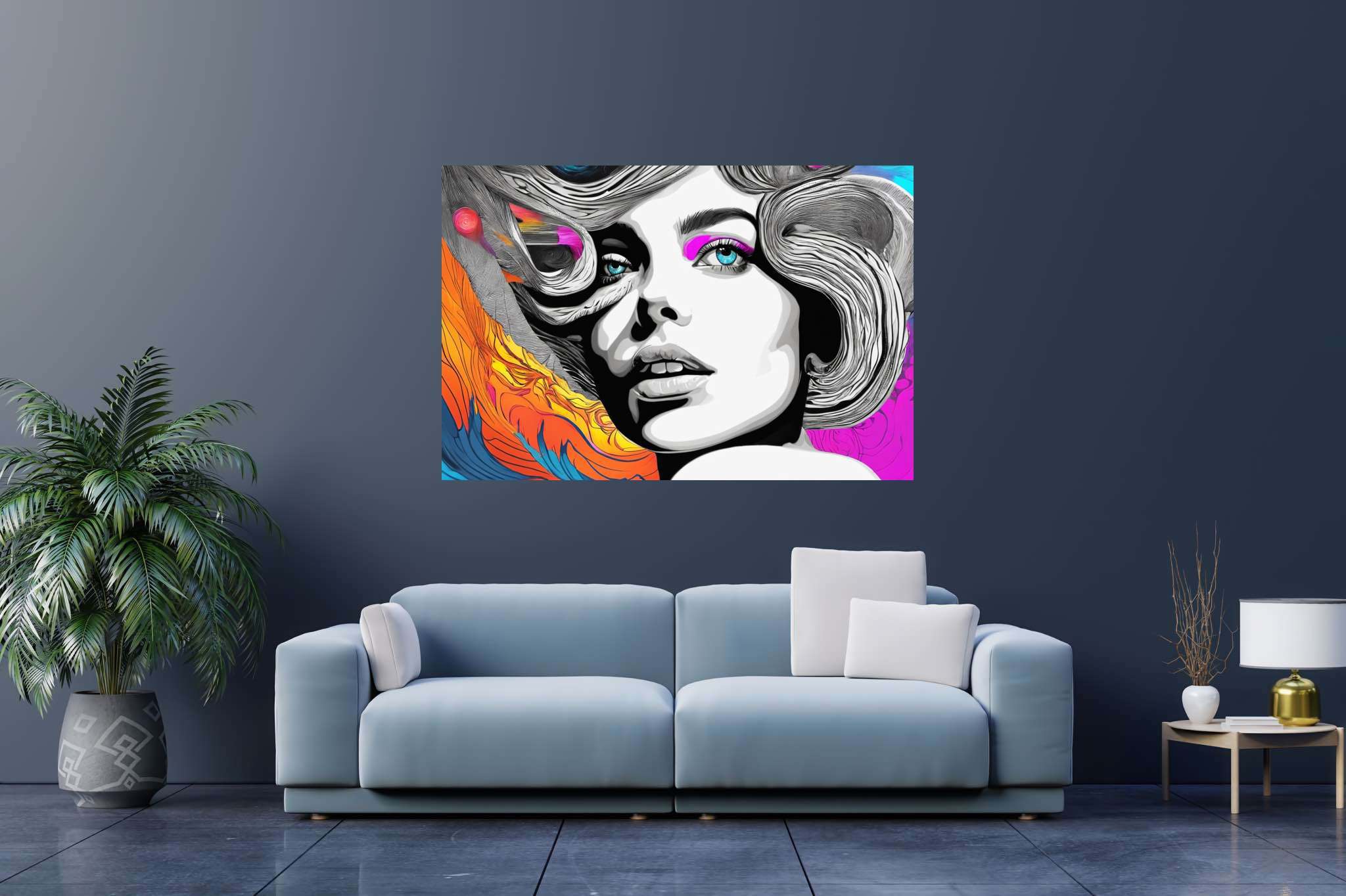 Ethereal muse in chromatic rhapsody: Surreal woman art with fantasy inspired images, in a room with chic decor, bespoke art designs, and home furnishings. The art can be printed on poster, framed poster, canvas, metal, acrylic or wood, exclusively at WallArtZen. Find this exact print at https://wallartzen.com/waz230