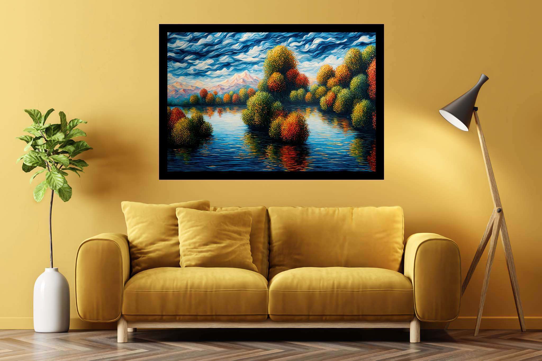 Hushed horizon embrace: Serene landscape art with calming outdoor artwork, in a room with modern style, gallery-quality artwork, and home styling items. The art can be printed on poster, framed poster, canvas, metal, acrylic or wood, exclusively at WallArtZen. Find this exact print at https://wallartzen.com/waz231