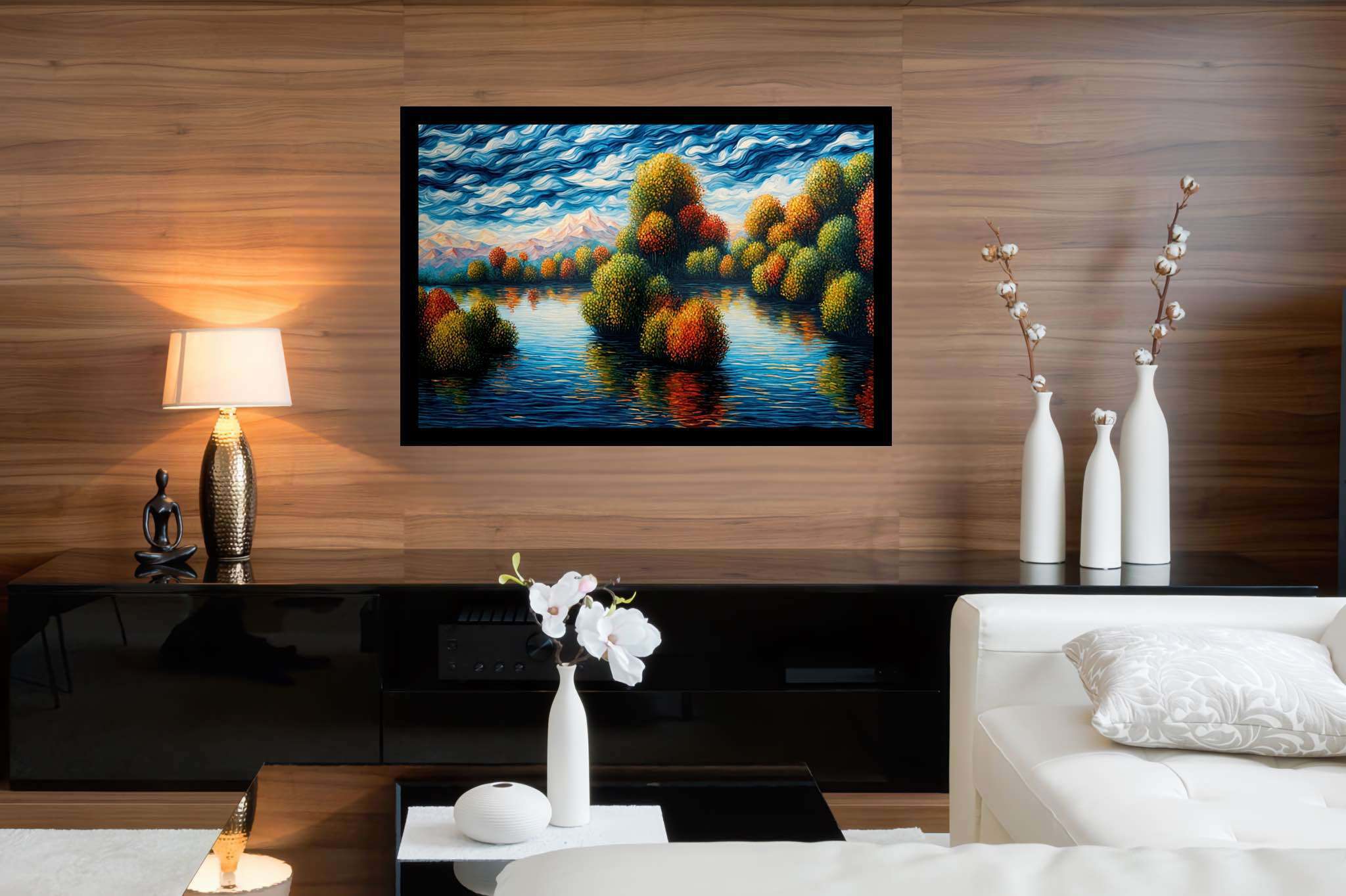 Hushed horizon embrace: Serene landscape art with calming outdoor artwork, in a room with innovative layout, digital art pieces, and elegant home goods. The art can be printed on poster, framed poster, canvas, metal, acrylic or wood, exclusively at WallArtZen. Find this exact print at https://wallartzen.com/waz231