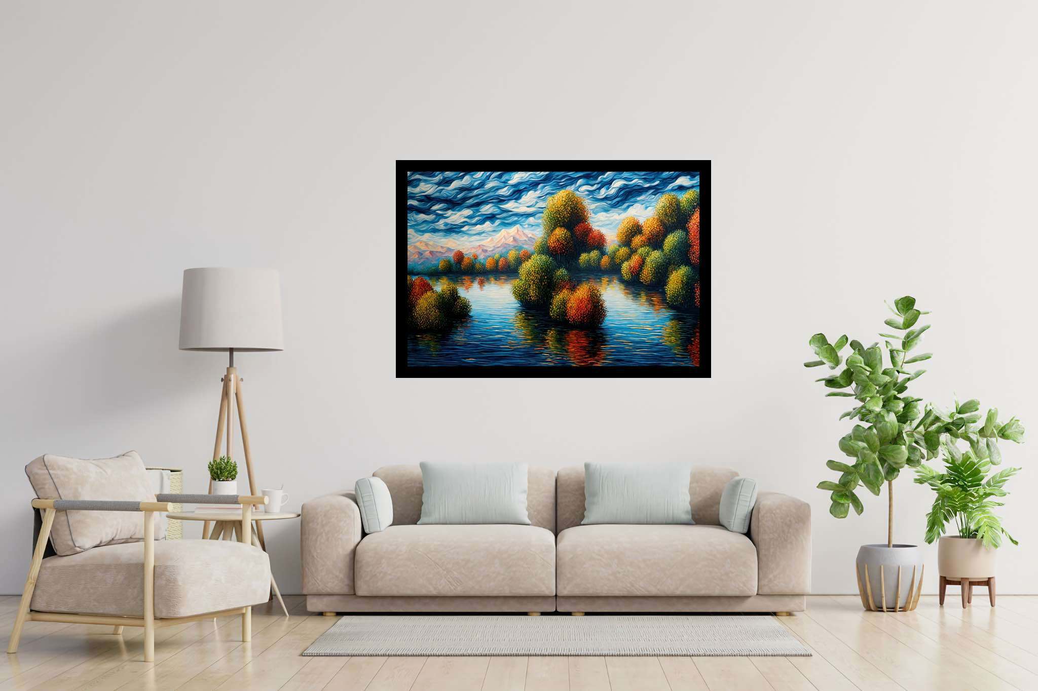 Hushed horizon embrace: Serene landscape art with serene landscape photography, in a room with contemporary flair, abstract paintings, and home styling items. The art can be printed on poster, framed poster, canvas, metal, acrylic or wood, exclusively at WallArtZen. Find this exact print at https://wallartzen.com/waz231