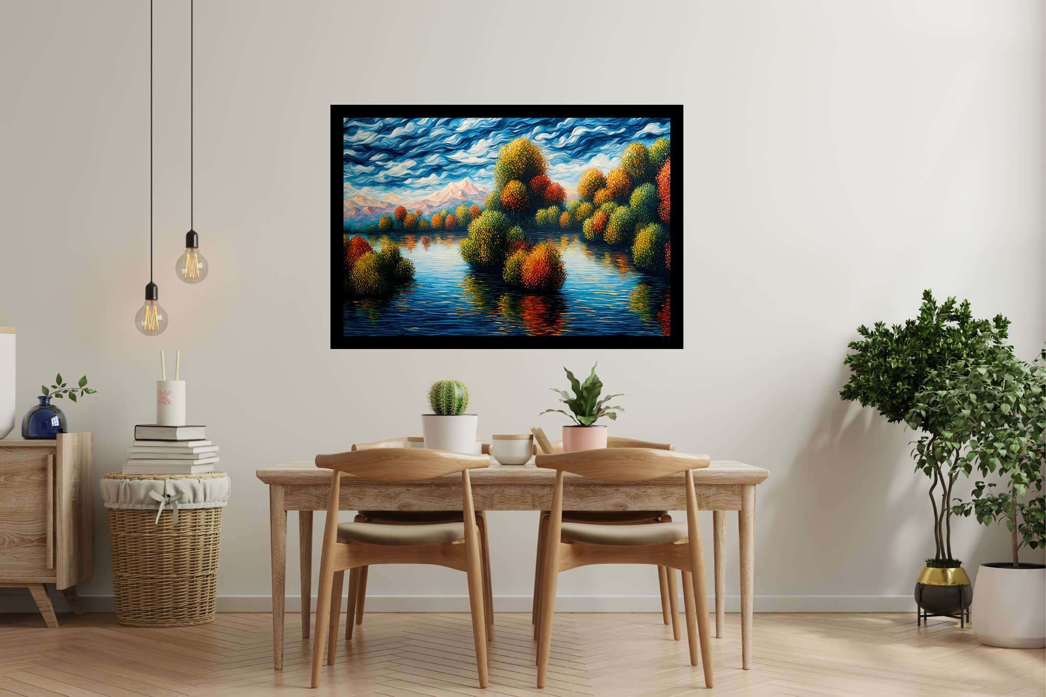 Hushed horizon embrace: Serene landscape art with serene outdoor scenes, in a room with artistic style, framed art, and elegant home goods. The art can be printed on poster, framed poster, canvas, metal, acrylic or wood, exclusively at WallArtZen. Find this exact print at https://wallartzen.com/waz231