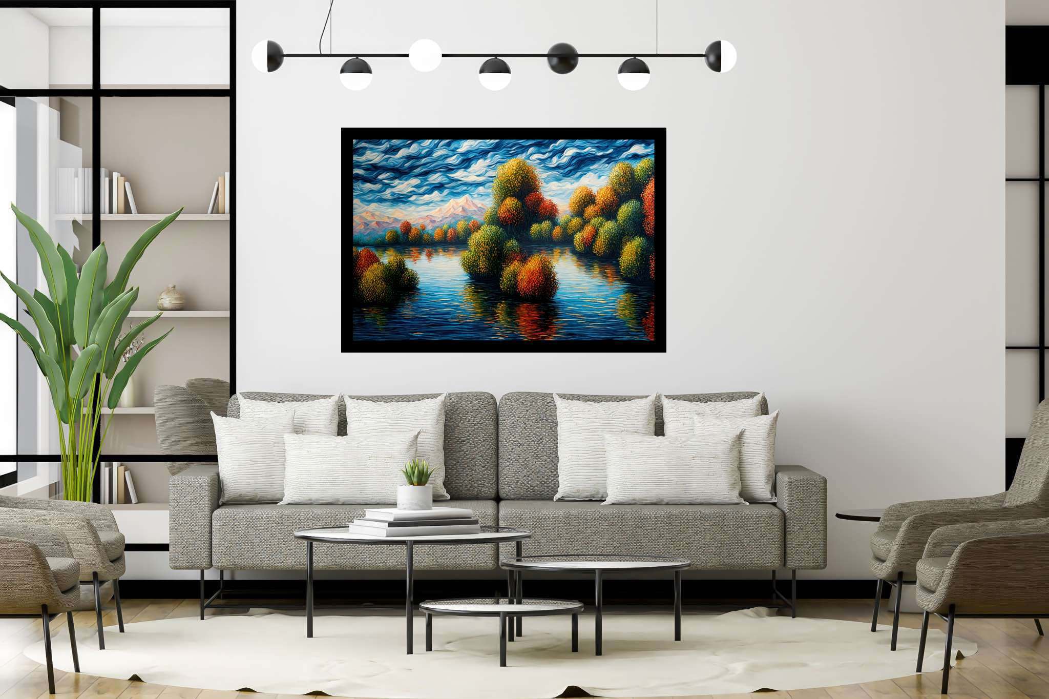 Hushed horizon embrace: Serene landscape art with peaceful scenery prints, in a room with innovative layout, photographic wall art, and artisan decor. The art can be printed on poster, framed poster, canvas, metal, acrylic or wood, exclusively at WallArtZen. Find this exact print at https://wallartzen.com/waz231