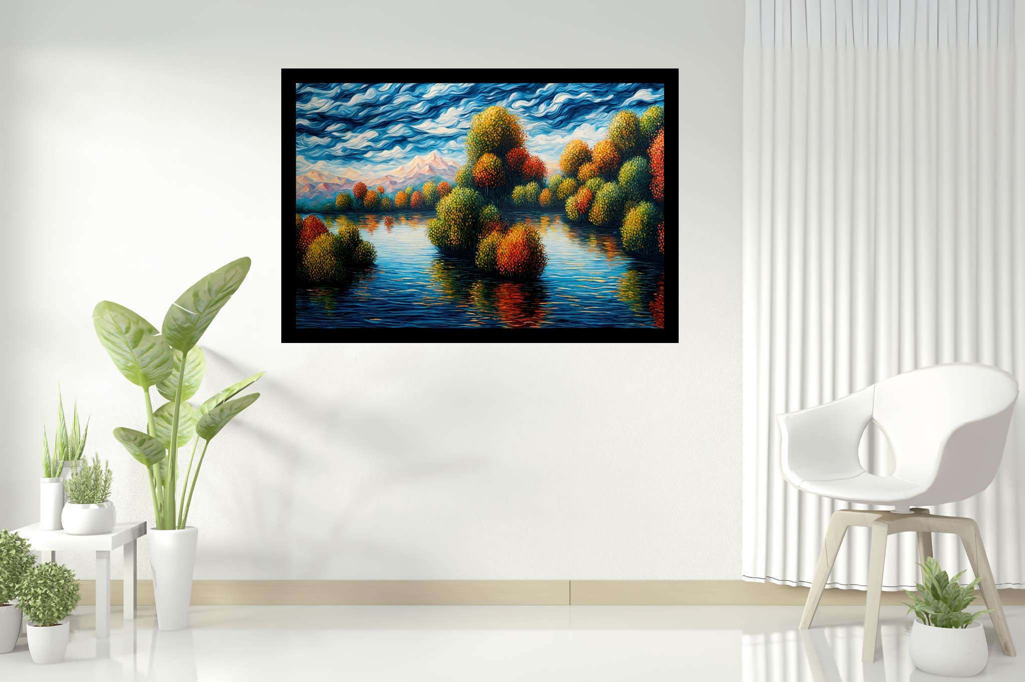 Hushed horizon embrace: Serene landscape art with tranquil landscape illustrations, in a room with classic elegance, gallery-quality artwork, and home furnishings. The art can be printed on poster, framed poster, canvas, metal, acrylic or wood, exclusively at WallArtZen. Find this exact print at https://wallartzen.com/waz231