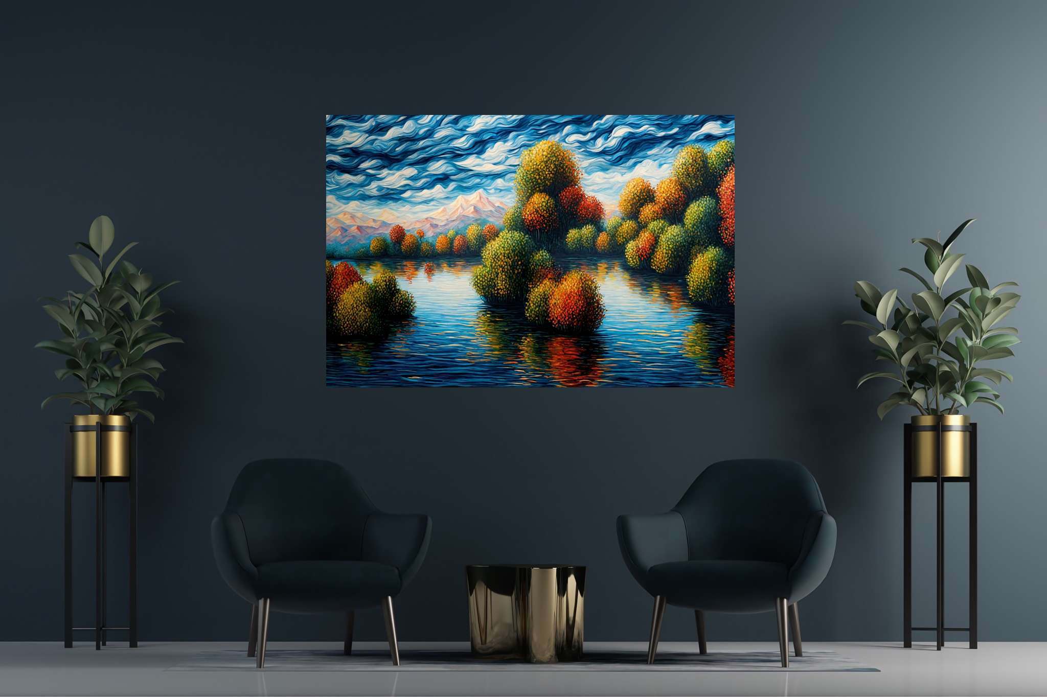 Hushed horizon embrace: Serene landscape art with serene outdoor scenes, in a room with elegant layout, framed art, and stylish accessories. The art can be printed on poster, framed poster, canvas, metal, acrylic or wood, exclusively at WallArtZen. Find this exact print at https://wallartzen.com/waz231