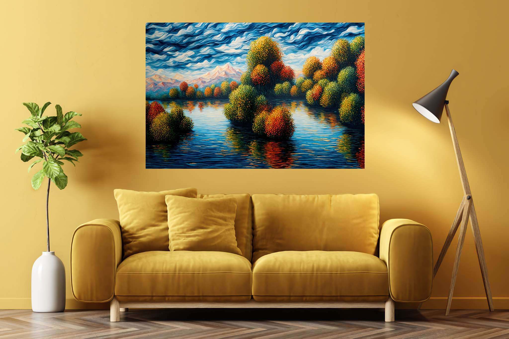 Hushed horizon embrace: Serene landscape art with tranquil nature canvases, in a room with modern style, gallery-quality artwork, and home furnishings. The art can be printed on poster, framed poster, canvas, metal, acrylic or wood, exclusively at WallArtZen. Find this exact print at https://wallartzen.com/waz231