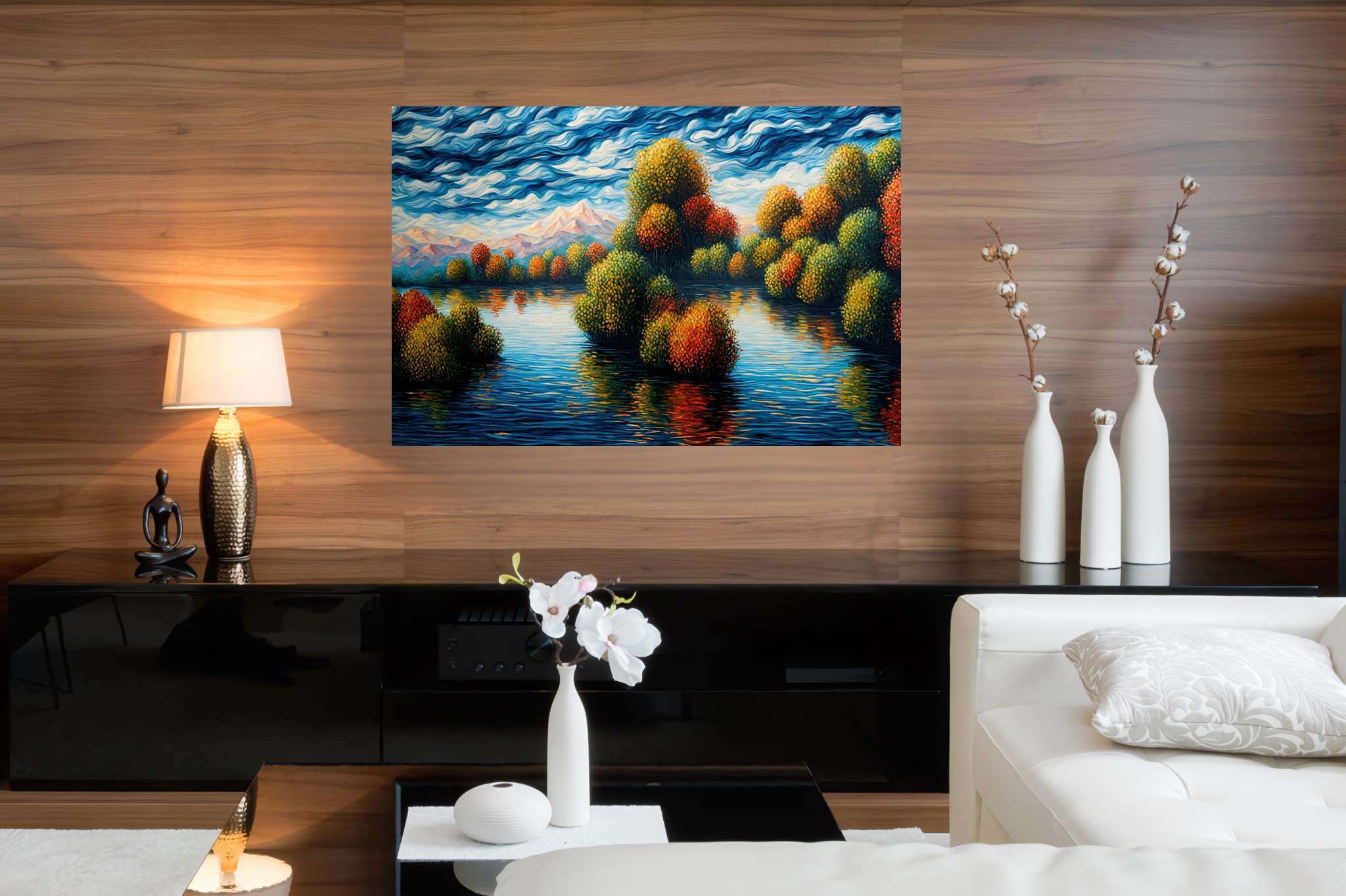 Hushed horizon embrace: Serene landscape art with serene landscape photography, in a room with chic decor, fine art prints, and artisan decor. The art can be printed on poster, framed poster, canvas, metal, acrylic or wood, exclusively at WallArtZen. Find this exact print at https://wallartzen.com/waz231