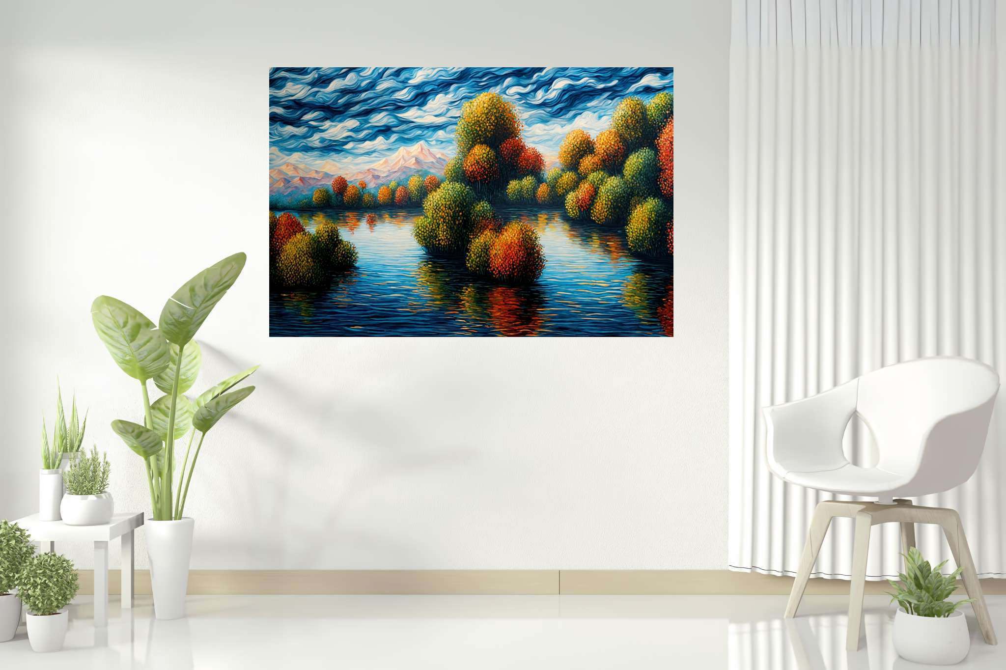 Hushed horizon embrace: Serene landscape art with serene outdoor scenes, in a room with elegant layout, digital art pieces, and trendy home accents. The art can be printed on poster, framed poster, canvas, metal, acrylic or wood, exclusively at WallArtZen. Find this exact print at https://wallartzen.com/waz231