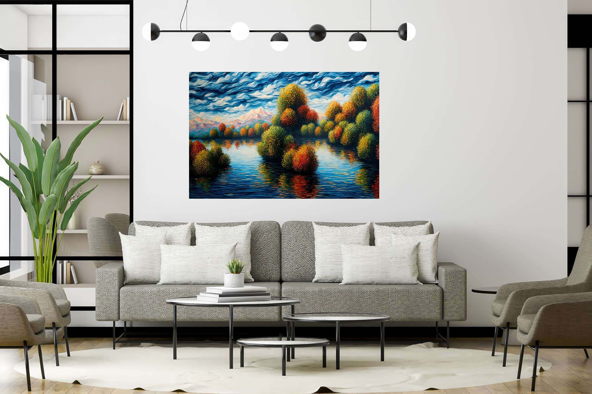 Hushed horizon embrace: Serene landscape art with calming landscape images, in a room with modern style, digital art pieces, and artisan decor. The art can be printed on poster, framed poster, canvas, metal, acrylic or wood, exclusively at WallArtZen. Find this exact print at https://wallartzen.com/waz231