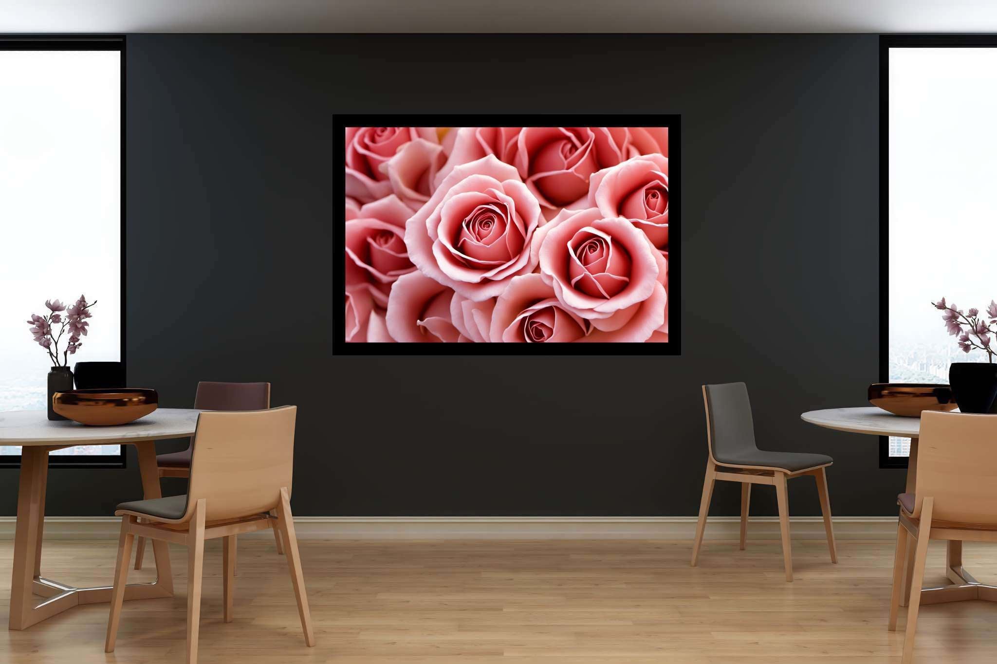 Petal ballet in blush: Pink rose art with floral artwork, in a room with urban design, abstract paintings, and luxe decor. The art can be printed on poster, framed poster, canvas, metal, acrylic or wood, exclusively at WallArtZen. Find this exact print at https://wallartzen.com/waz232
