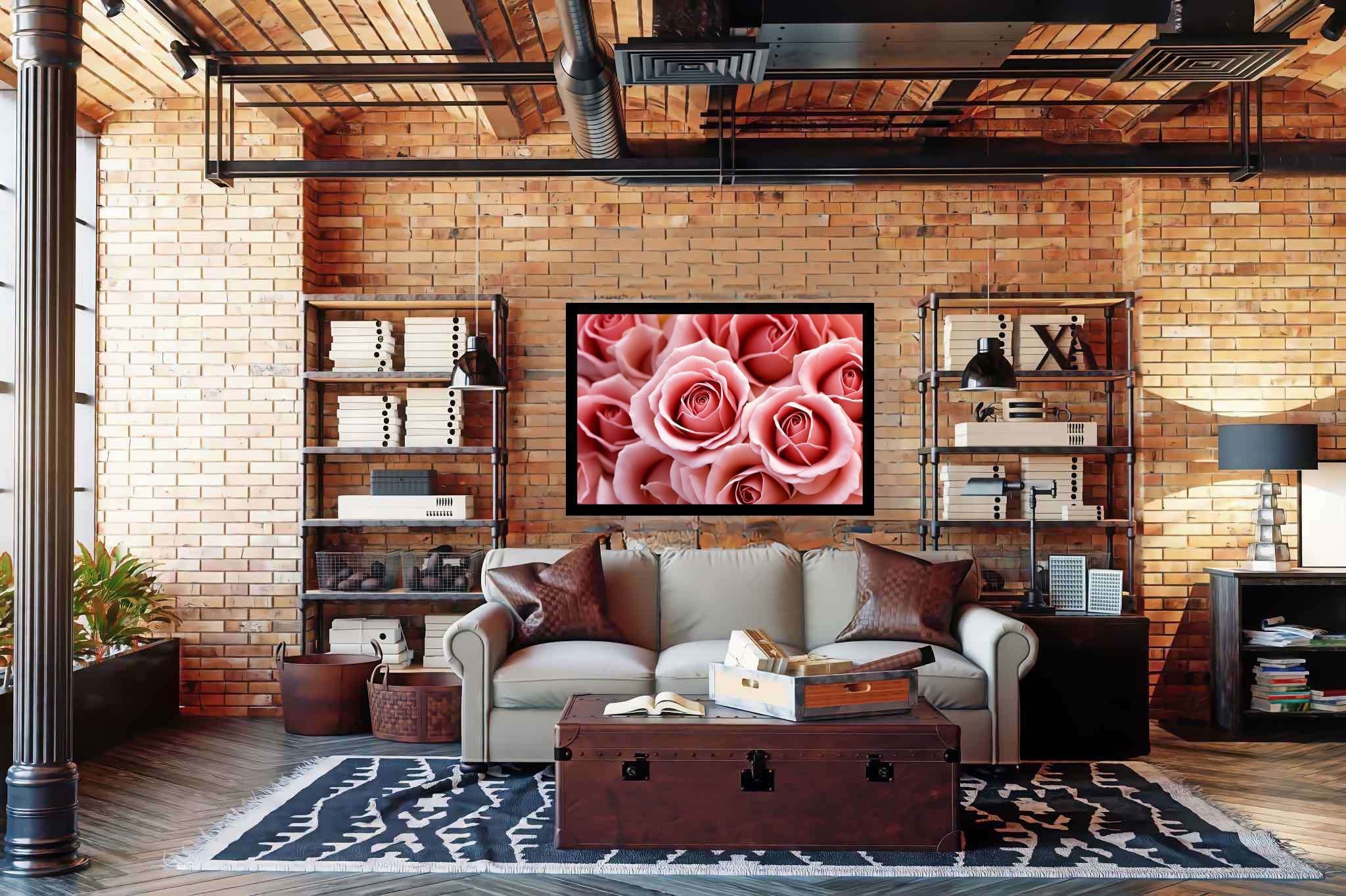 Petal ballet in blush: Pink rose art with fine art prints, in a room with modern style, framed art, and luxe decor. The art can be printed on poster, framed poster, canvas, metal, acrylic or wood, exclusively at WallArtZen. Find this exact print at https://wallartzen.com/waz232