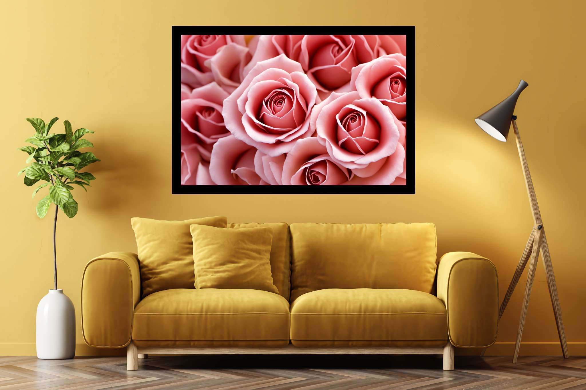 Petal ballet in blush: Pink rose art with nature-inspired artwork, in a room with elegant layout, mural artworks, and artisan decor. The art can be printed on poster, framed poster, canvas, metal, acrylic or wood, exclusively at WallArtZen. Find this exact print at https://wallartzen.com/waz232
