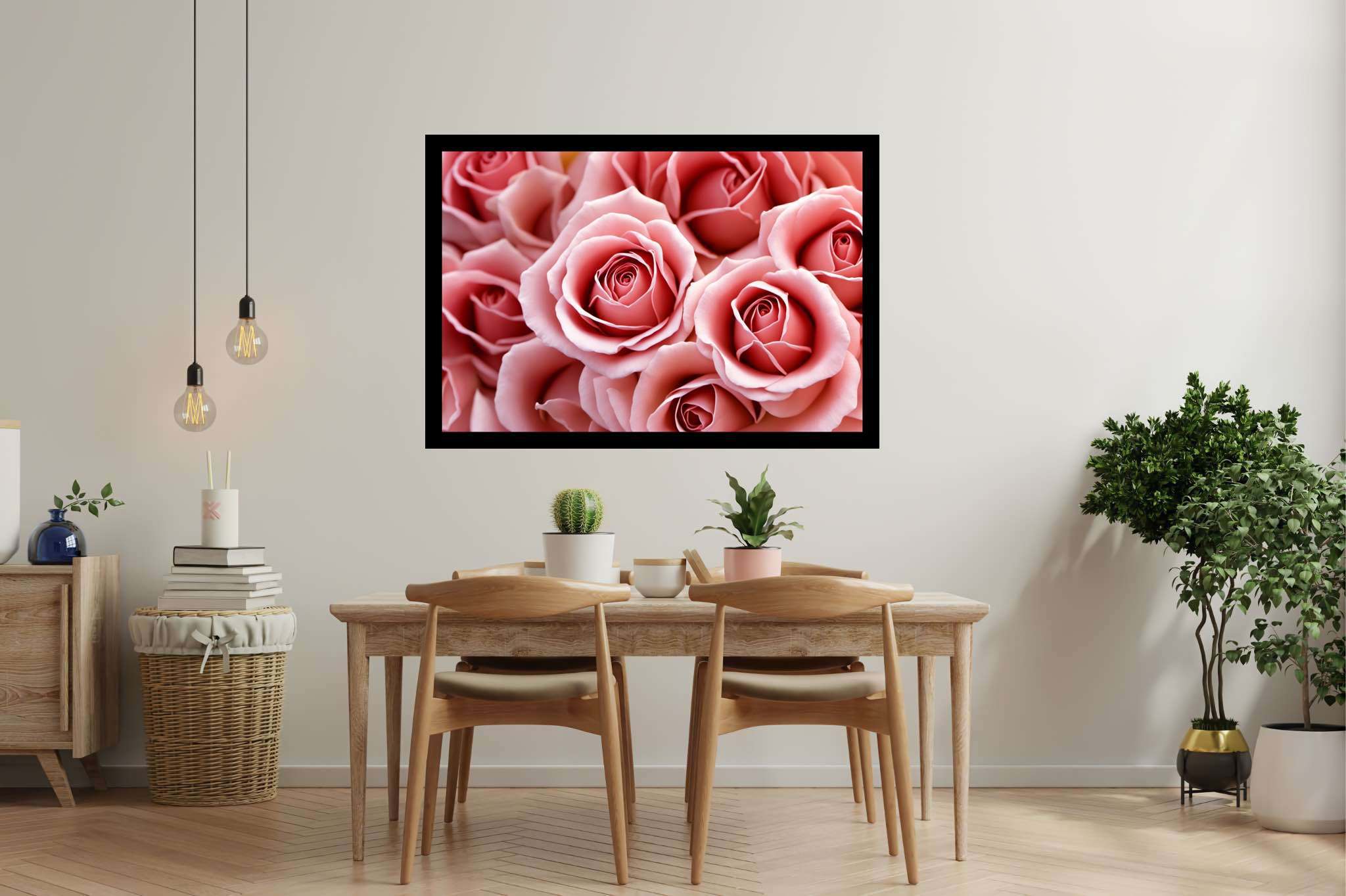 Petal ballet in blush: Pink rose art with romantic paintings, in a room with classic elegance, framed art, and trendy home accents. The art can be printed on poster, framed poster, canvas, metal, acrylic or wood, exclusively at WallArtZen. Find this exact print at https://wallartzen.com/waz232