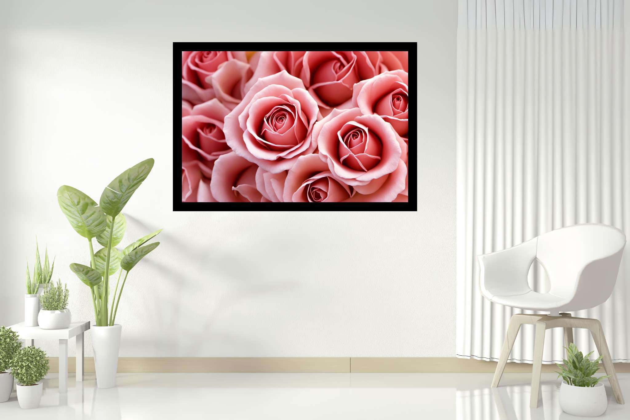 Petal ballet in blush: Pink rose art with botanical illustrations, in a room with minimalist approach, gallery-quality artwork, and home furnishings. The art can be printed on poster, framed poster, canvas, metal, acrylic or wood, exclusively at WallArtZen. Find this exact print at https://wallartzen.com/waz232